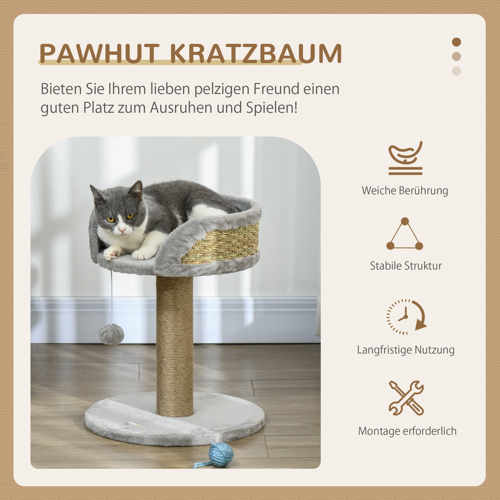 PawHut Kratzbaum Katzenbett Katzenkorb, inkl. Spielball, 40 cm x 40 cm x 49cm, Grau