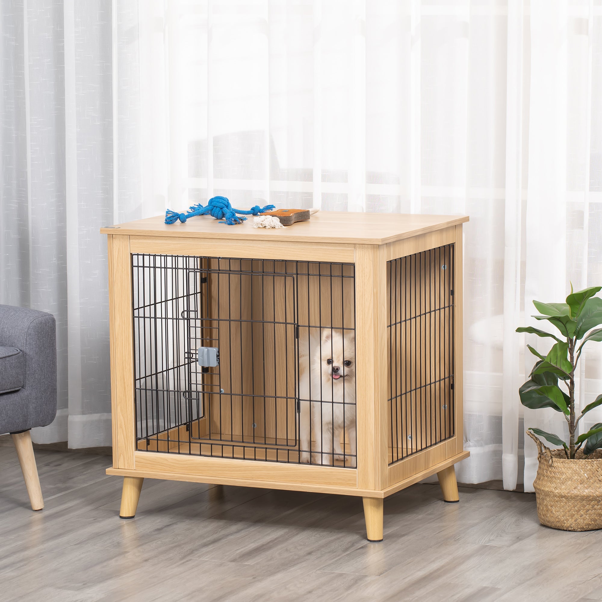 PawHut Transportbox aus Holz, Hundebox 81 cm x 58,5 cm x 76 cm Eiche Stahl Braun + Schwarz