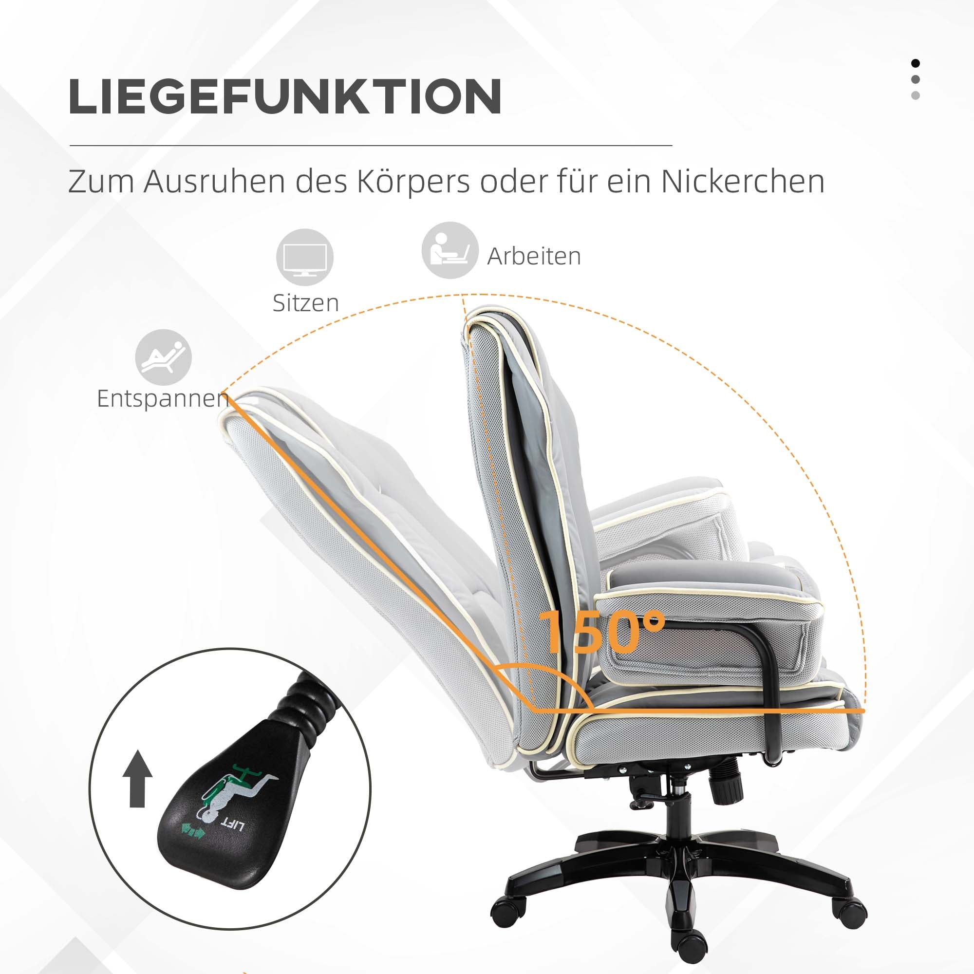 Vinsetto Ergonomischer Bürostuhl, extra gepolstert, Liegefunktion, Kunstleder, 76x80x118-124 cm, Hellgrau