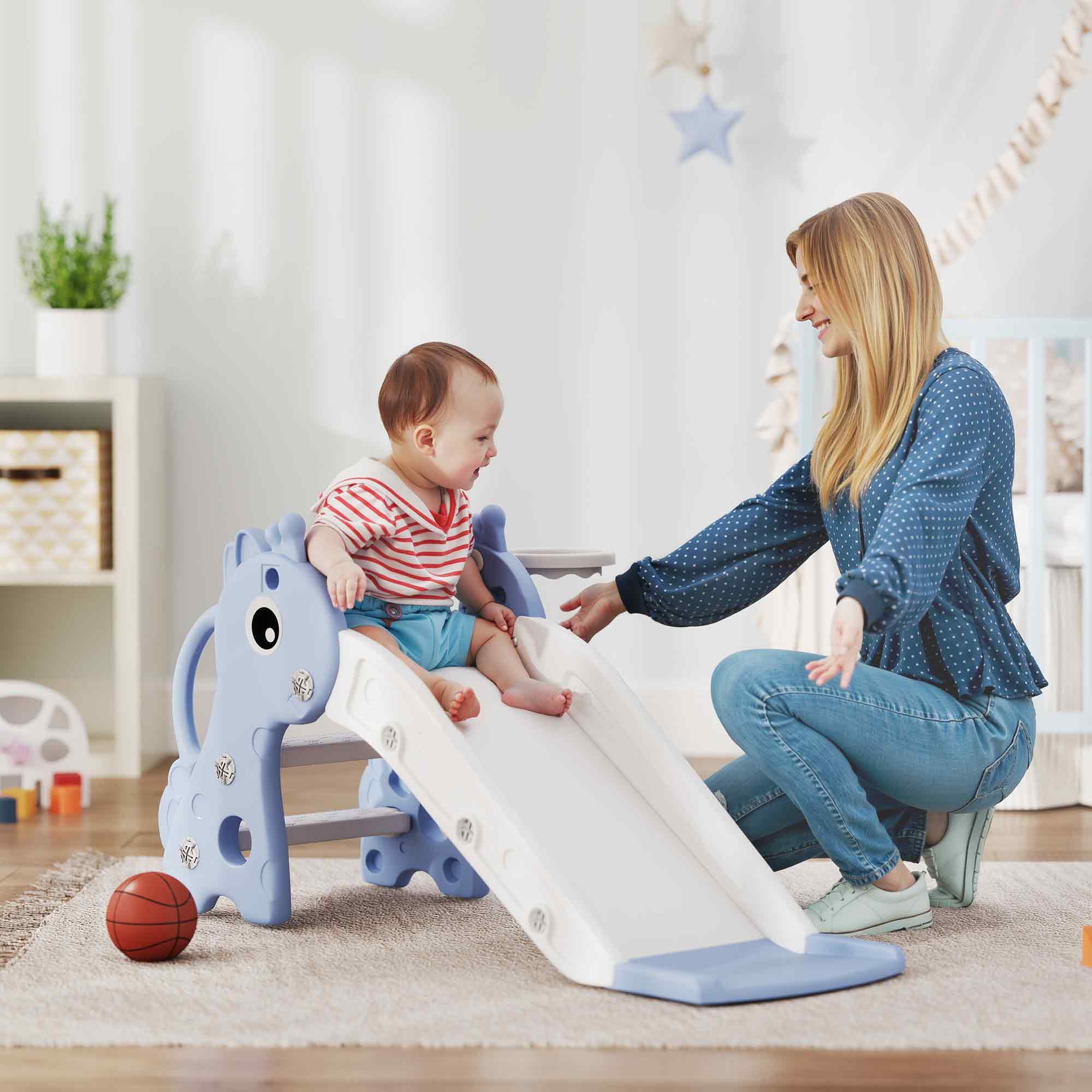 AIYAPLAY 3-in-1 Rutsche für Kinder, Giraffenform, Basketballkorb, Ball, Blau