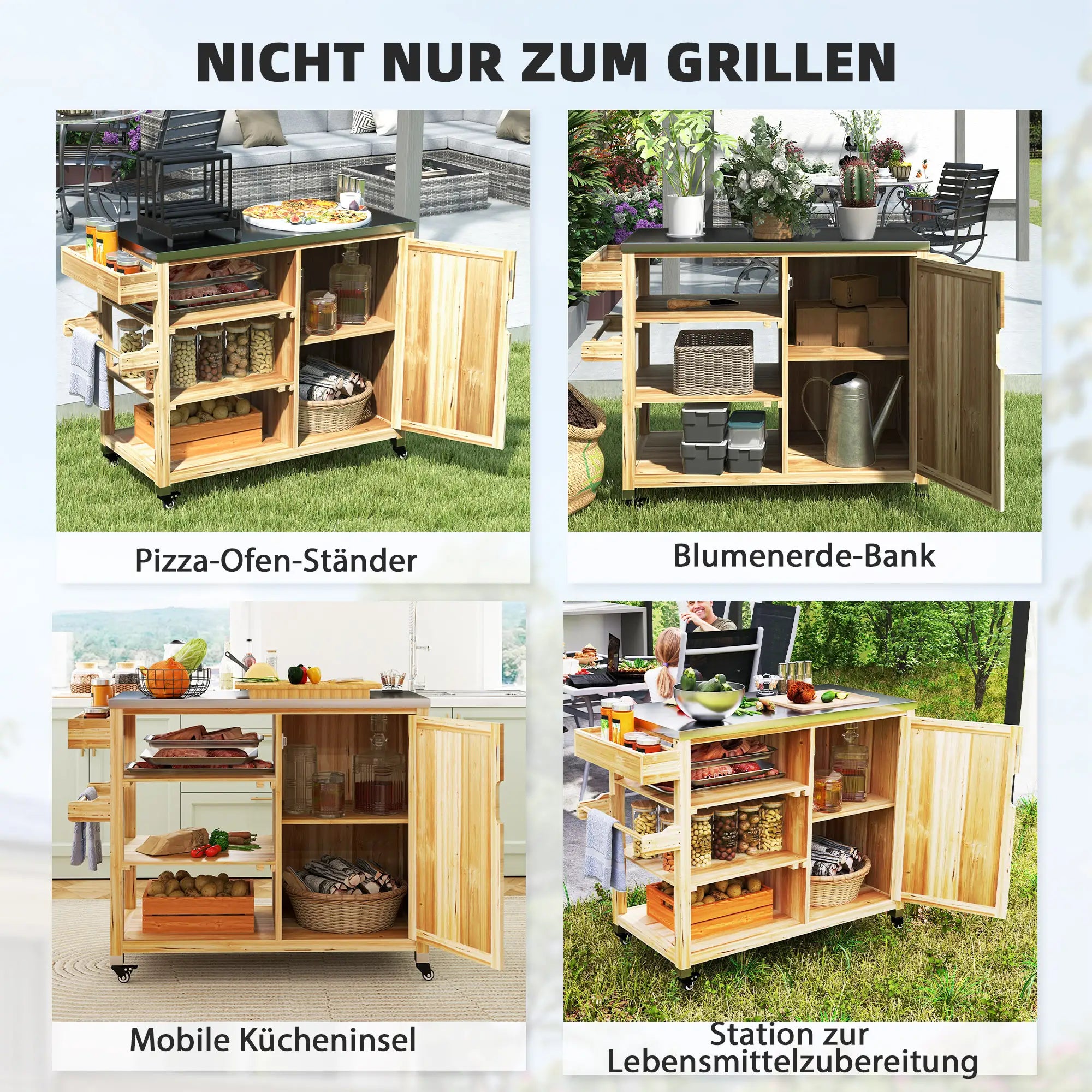 Outsunny Grillwagen Outdoor Kücheninsel mit Rollen Massivholz