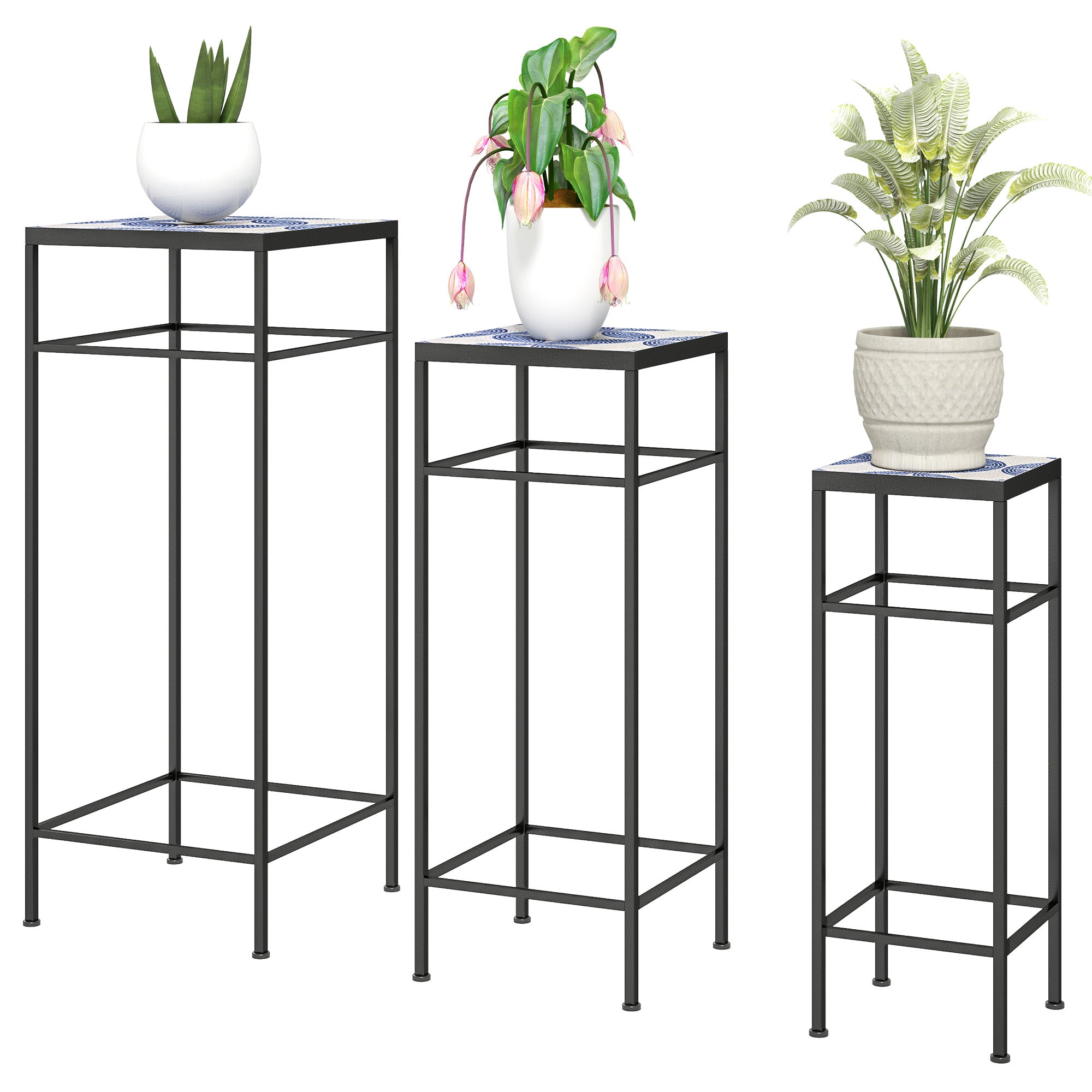 Outsunny 3er-Set Pflanzenständer, 3 verschieden große Gestelle zum Präsentieren von Blumen und anderen Gegenständen, Blau+Weiß
