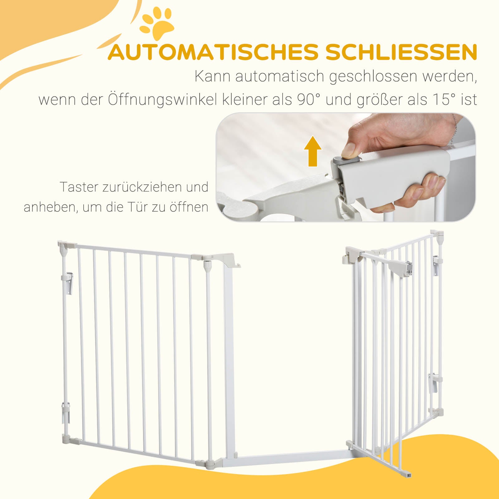 PawHut Absperrgitter für Hunde Schutzgitter Hundegitter Türschutzgitter 3 Elemente inkl. Sicherheitstür, Wandmontierte Haltung für Kamin & Ofen, Metall Weiß 180 x 3 x 74,5 cm