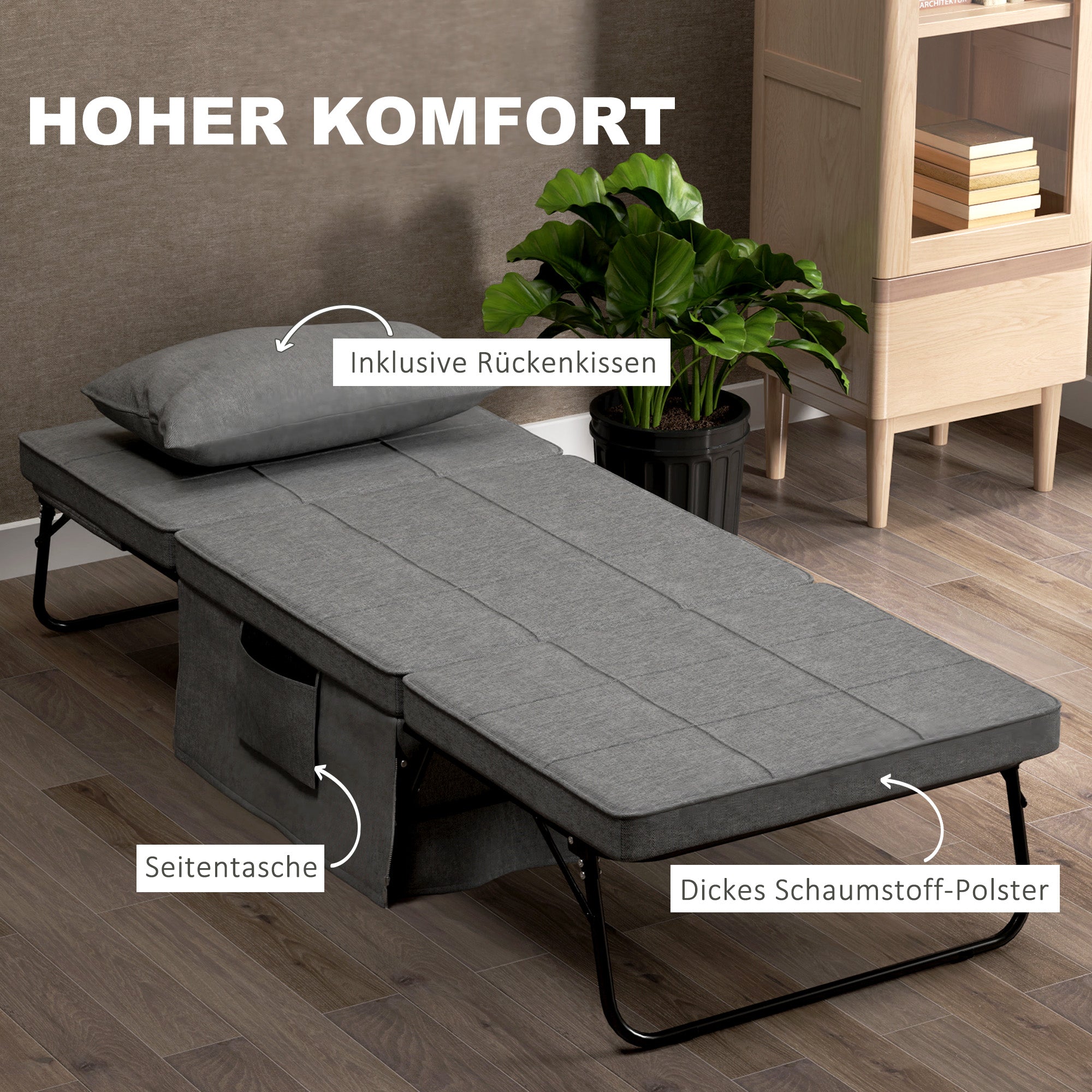 HOMCOM 4-in-1 Klappbett, Gästebett, höhenverstellbar, Matratze, Seitentaschen, Metallrahmen, grau, 188 x 75 x 38 cm