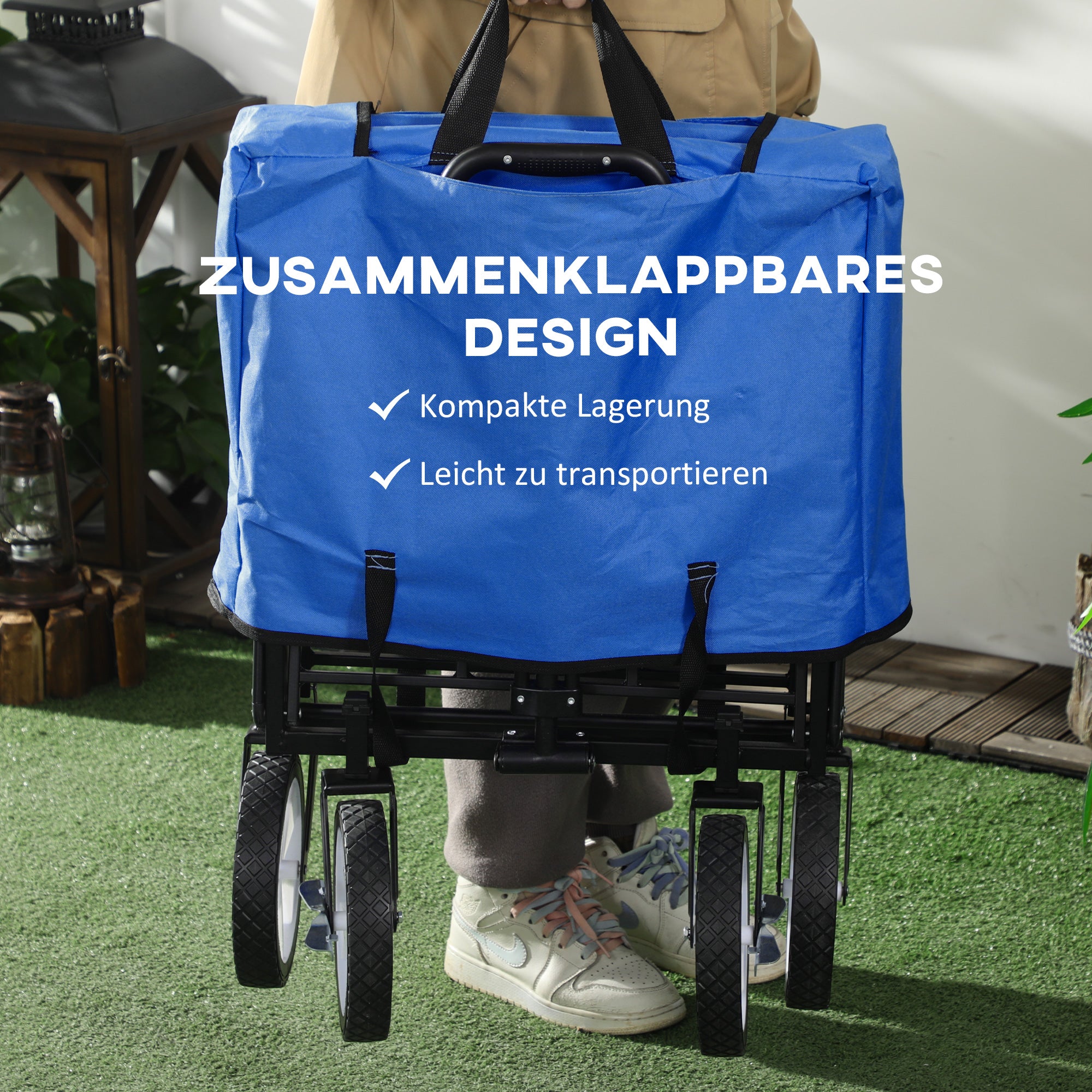 Outsunny Bollerwagen Handwagen mit faltbar Bremsen Verstellbarem Griff Transportwagen 68 KG Belastbar, Strandwagen Gartenwagen für Strand Garten Einkauf Shopping