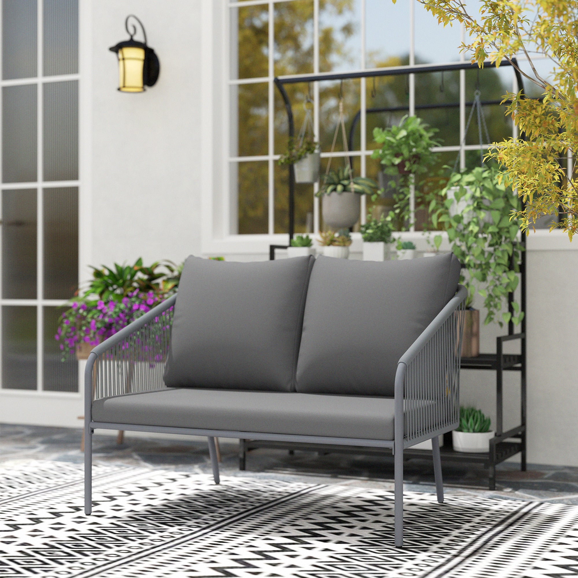 Outsunny Gartensofa mit Kissen 2-Sitzer Rattan Sofa Lounge Sofa Outdoor Balkon Sofa 112 x 72 x 76 cm Grau