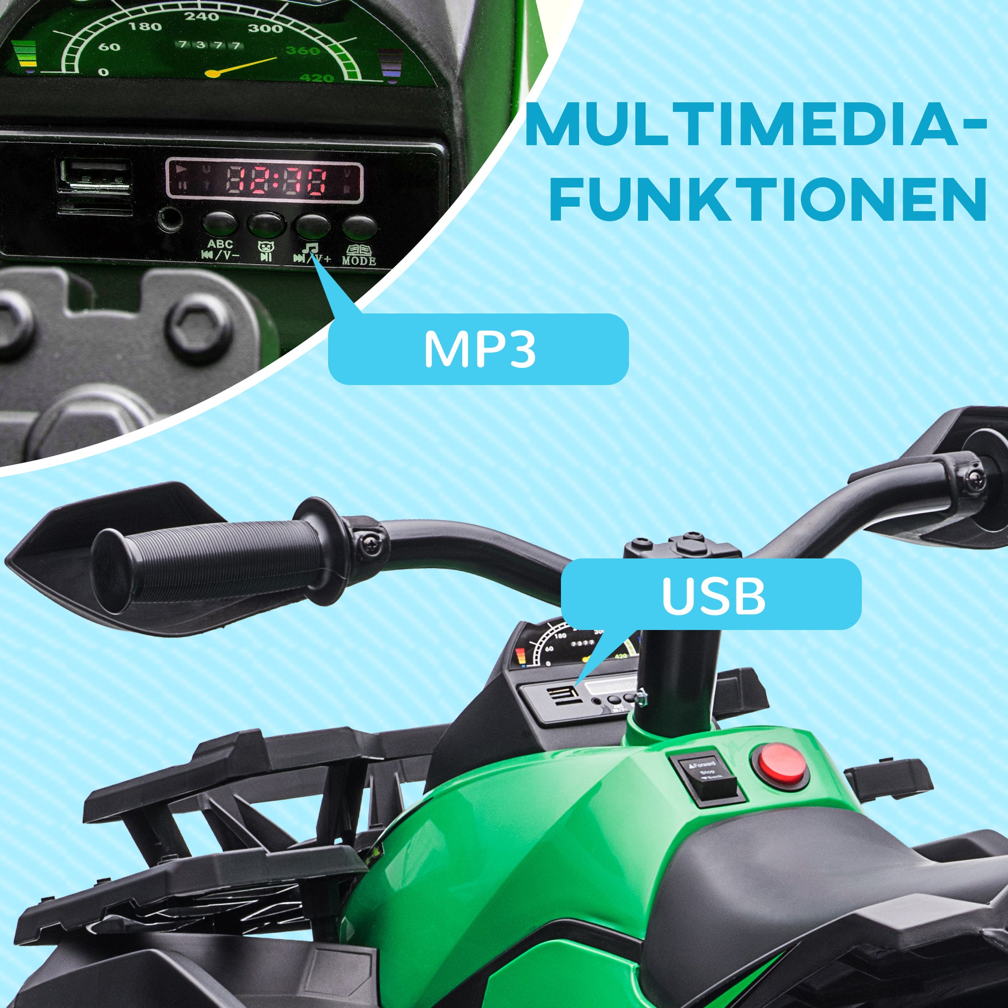 HOMCOM Elektroquad für Kinder, Licht & Musikanschluss, 3-8 km/h, für 3-5 Jahre, Grün