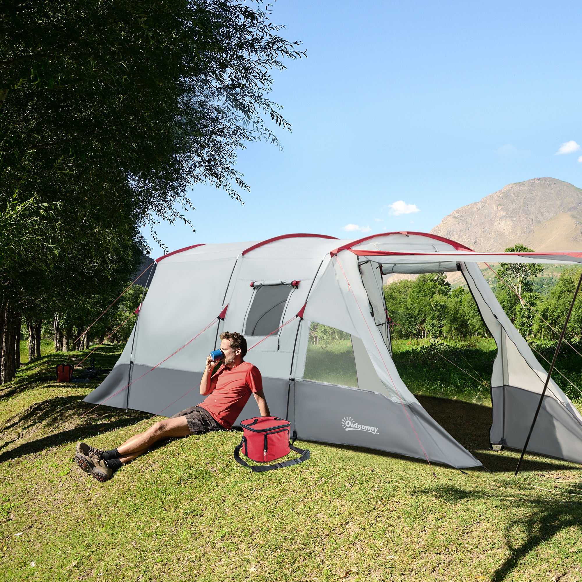 Outsunny Campingzelt, für 6-8 Personen, zwei Räume, Lampenhaken, mit Tragetasche, grau, 5,10x2,40x1,80m