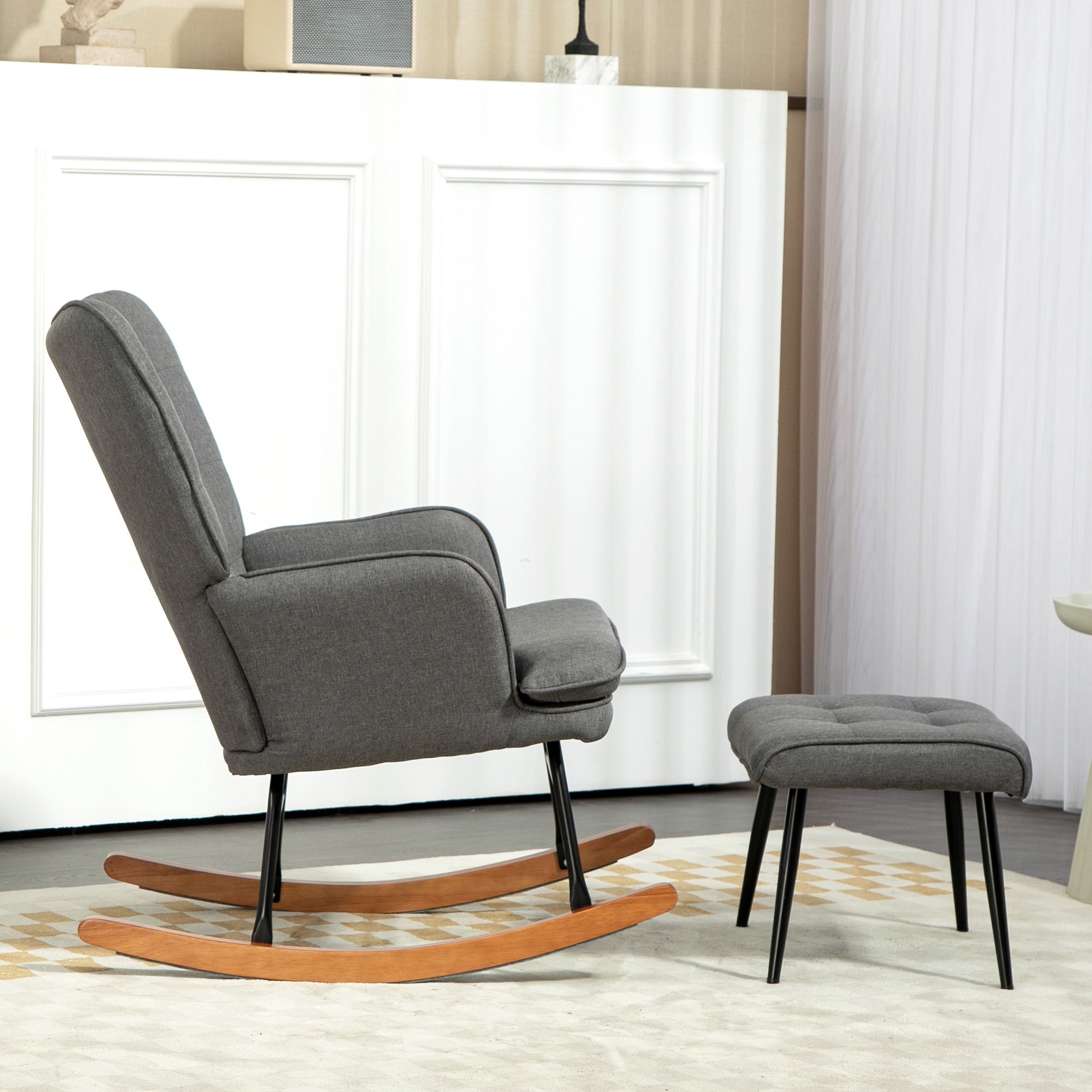 HOMCOM Schaukelstuhl mit Hocker, komfortabel, bis 130 kg, Leinenoptik, 64x89x90cm, Dunkelgrau