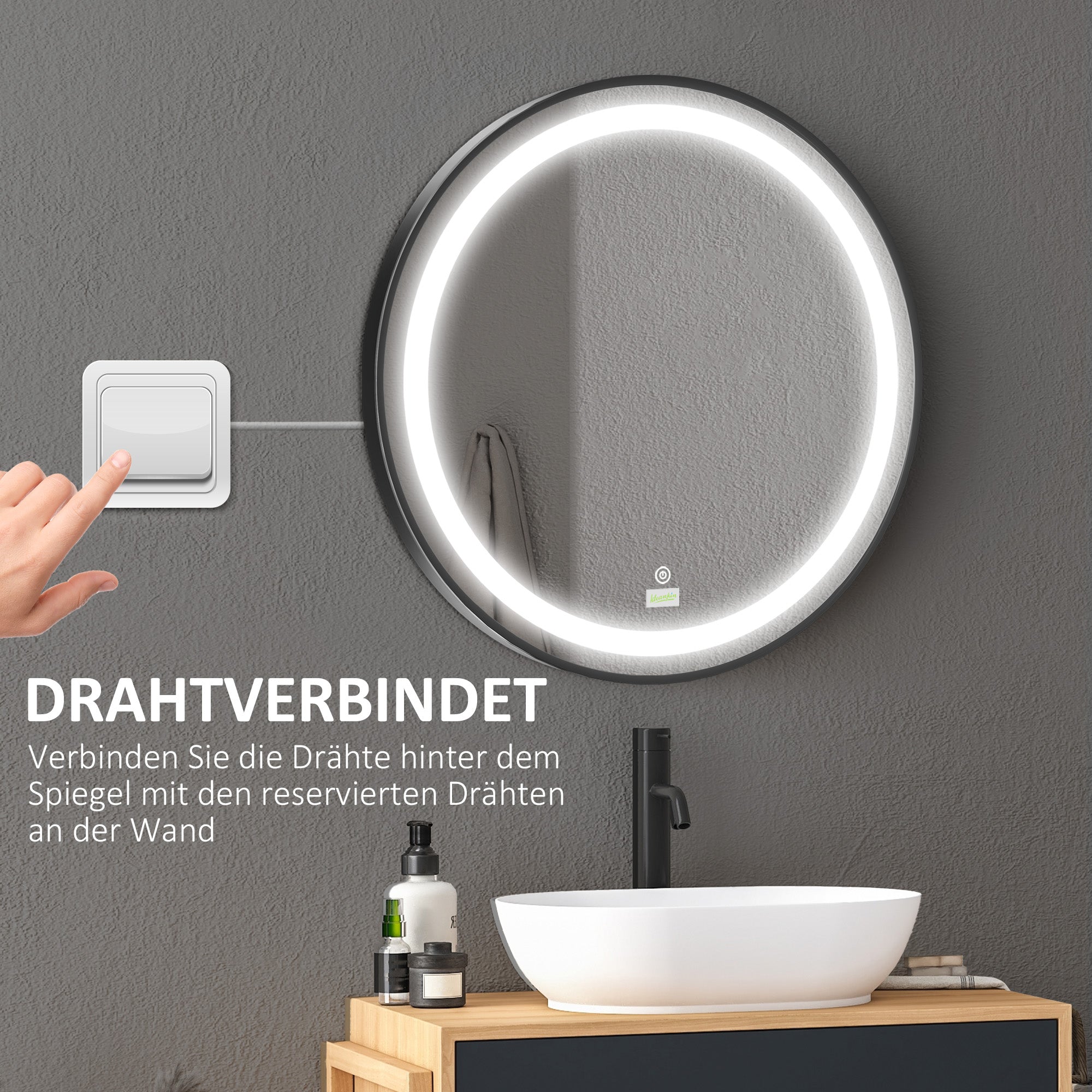 kleankin Badezimmerspiegel, LED-Beleuchtung, dimmbar, 3 Lichtfarben, Metallrahmen, Ø60 cm, Schwarz