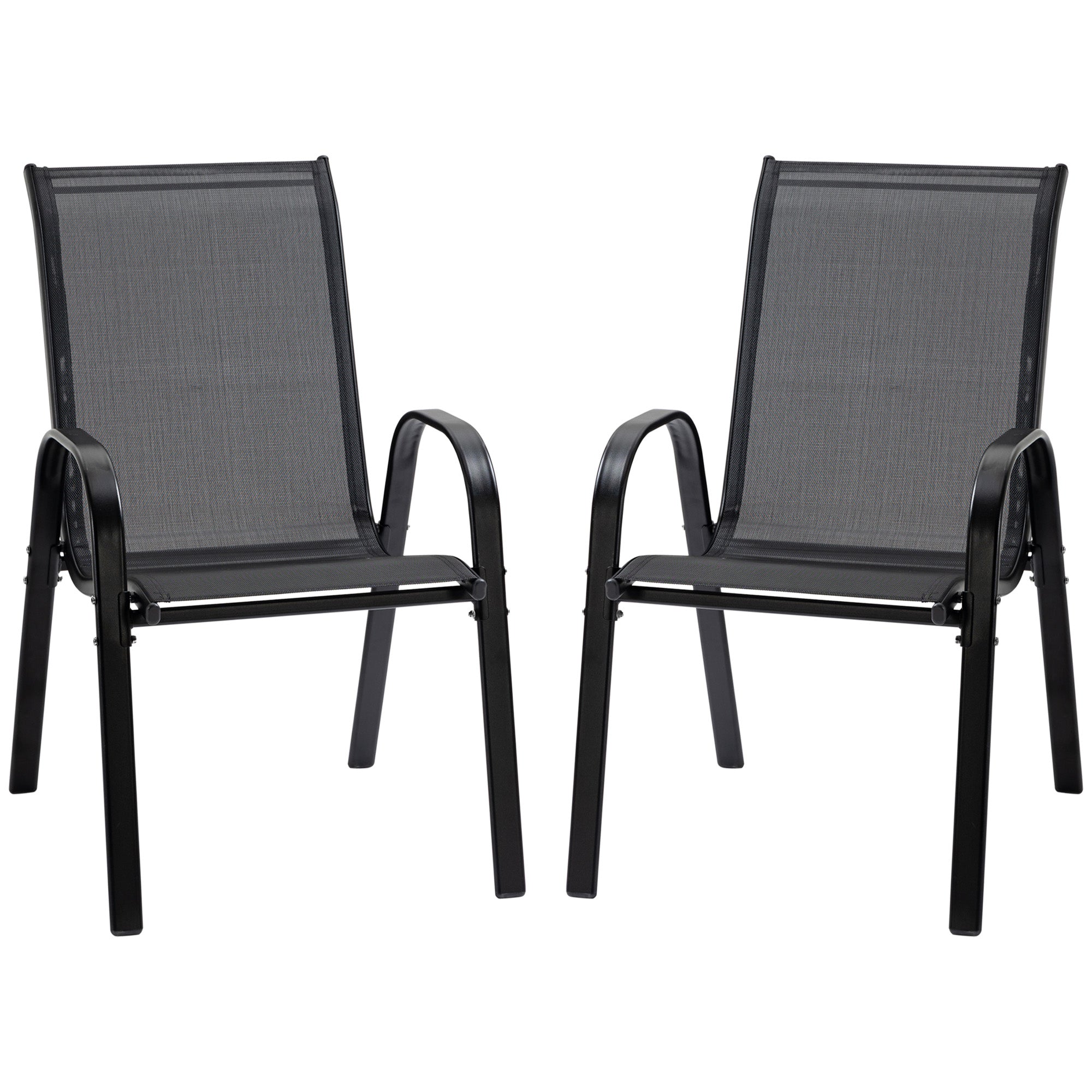 Outsunny Gartenstuhl 2er Set wetterfest Gartenstühle Stapelstuhl mit Armlehne Rückenlehne stapelbar Terrassenstuhl bis 120 kg belastbar Gartenmöbel für Hinterhof, Garten, Balkon Schwarz