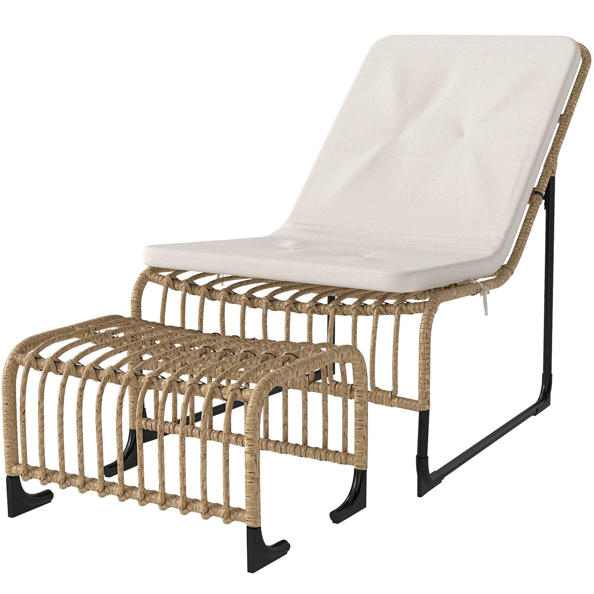 Outsunny Rattan Relaxsessel mit Fußhocker UV-beständig Gartensessel mit Kissen Bänder 65 x 93 x 80 cm Naturholz