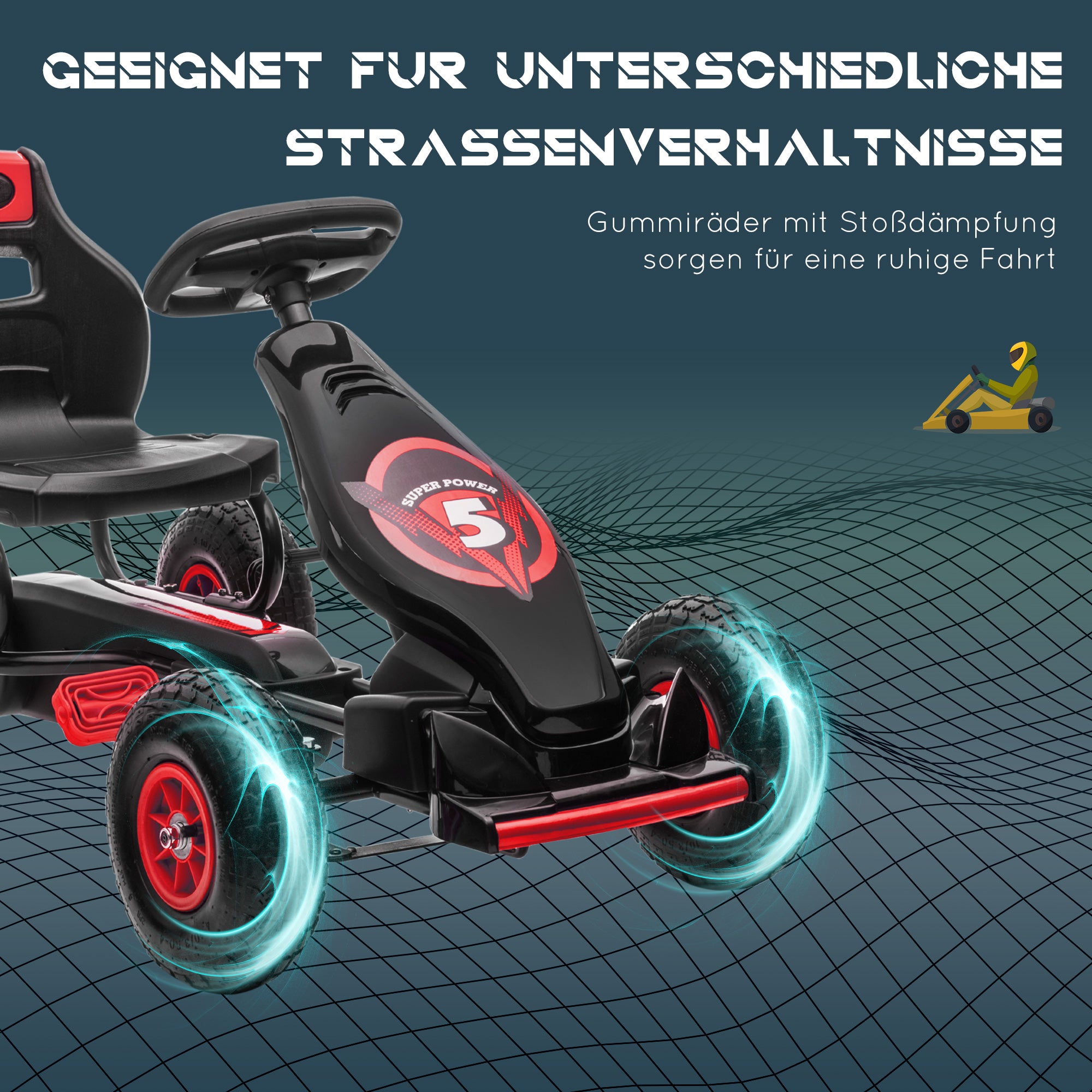 HOMCOM Kinder-Gokart, mit Pedalen, verstellbarem Sitz, In- und Outdoor, ab 5 Jahren, Rot+schwarz, 121 x 58 x 61 cm