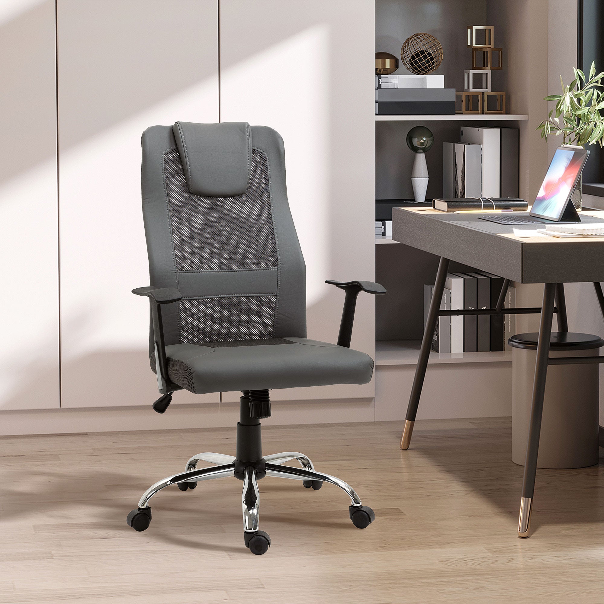 Vinsetto Bürostuhl Drehstuhl höhenverstellbar Chefsessel Schreibtischstuhl ergonomisch Kunstleder Grau 66 x 73 x 108-118 cm