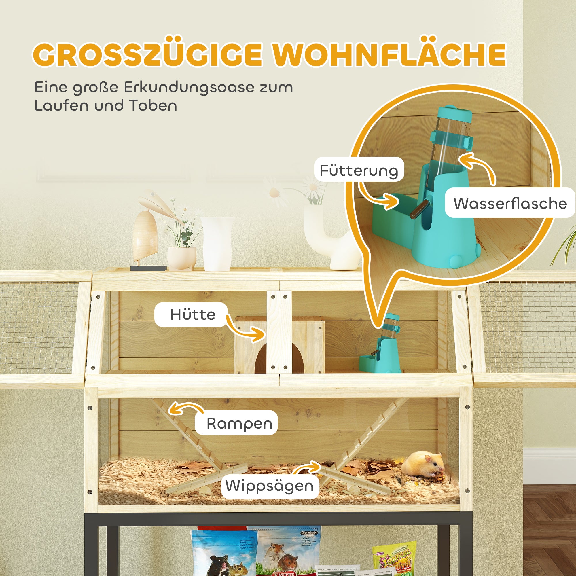 PawHut Zwerghamsterkäfig aus Holz mit Ablagefach, Rädern, Rampen, Wasserflasche, Hütte, Wippen, 87 x 43 x 101cm