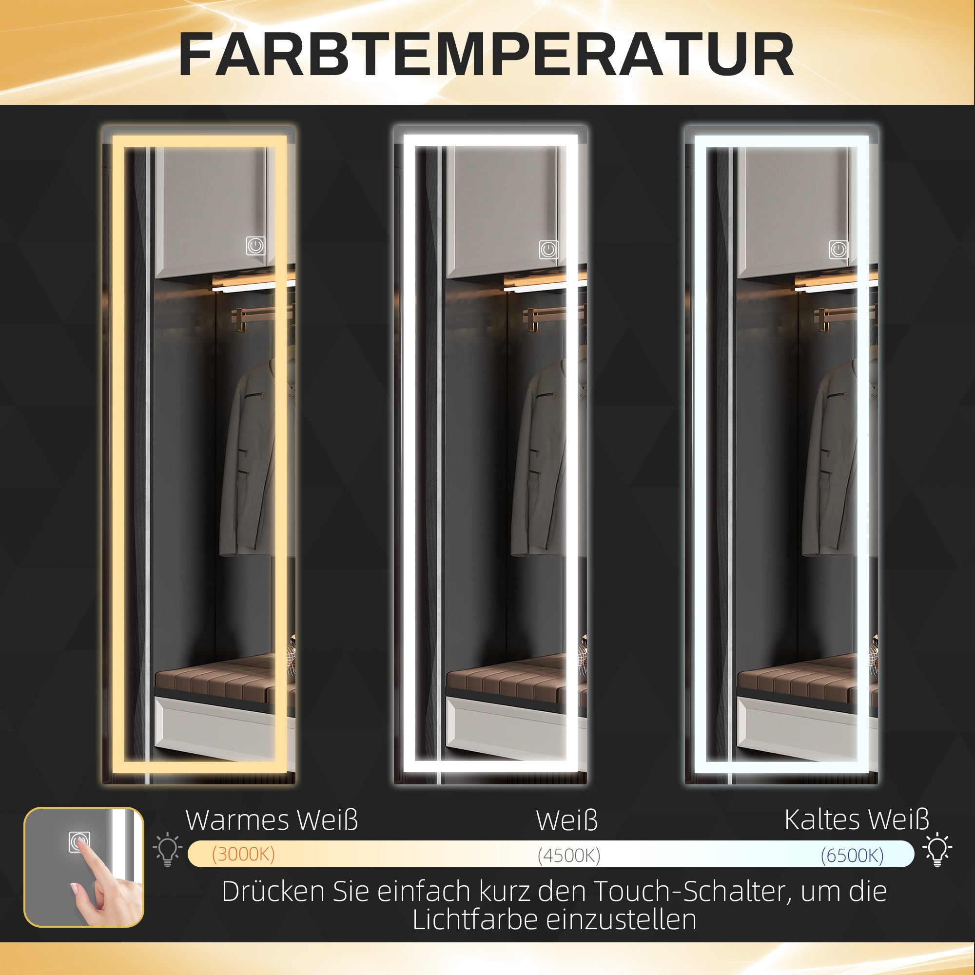 HOMCOM Ganzkörperspiegel mit LED, dimmbar, Touchsensor, Speicherfunktion, silber, 40x120 cm