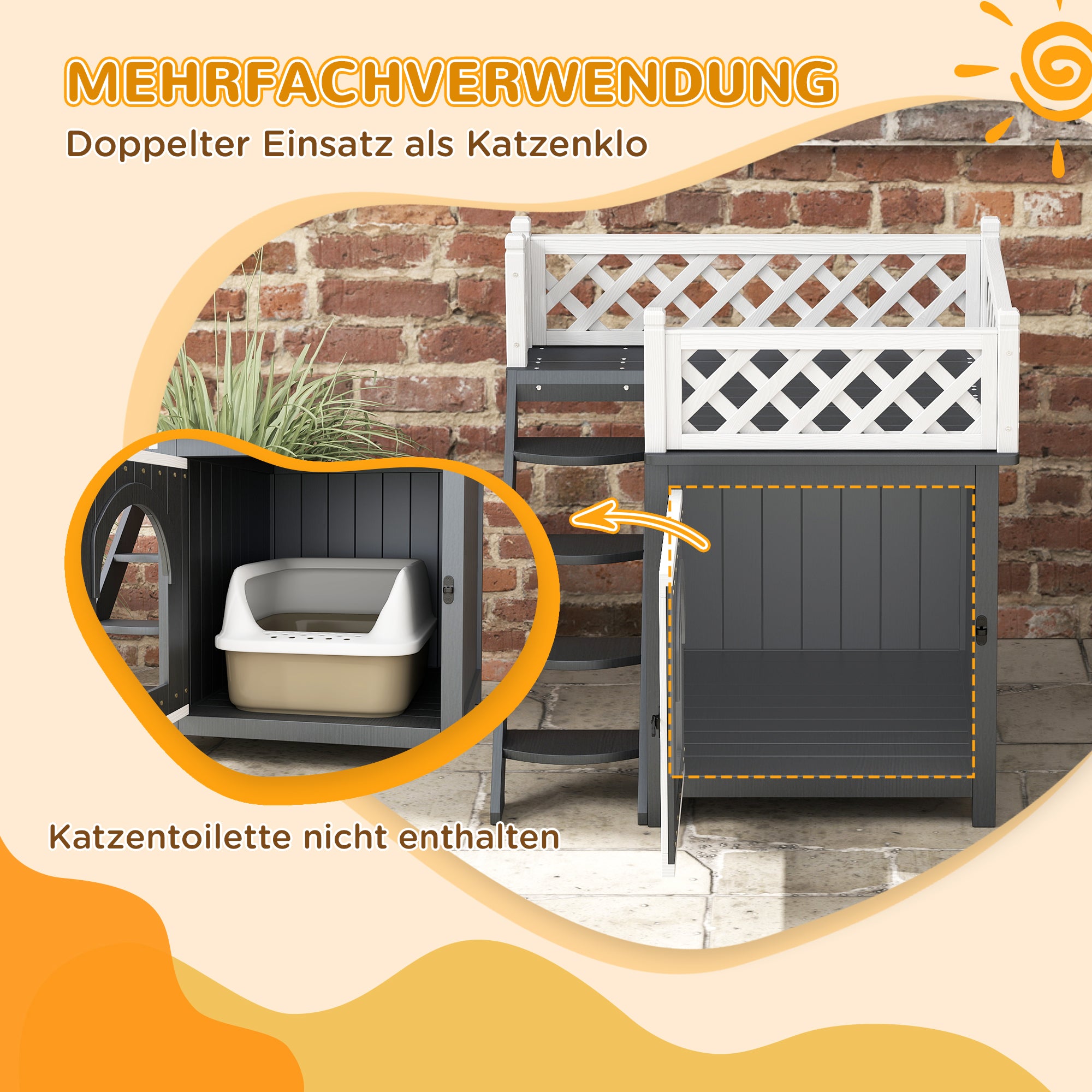 PawHut Katzenhaus, zweistöckig, mit Balkon und Treppe, für drinnen und draußen, für Katzen und Kaninchen, Tannenholz, Grau