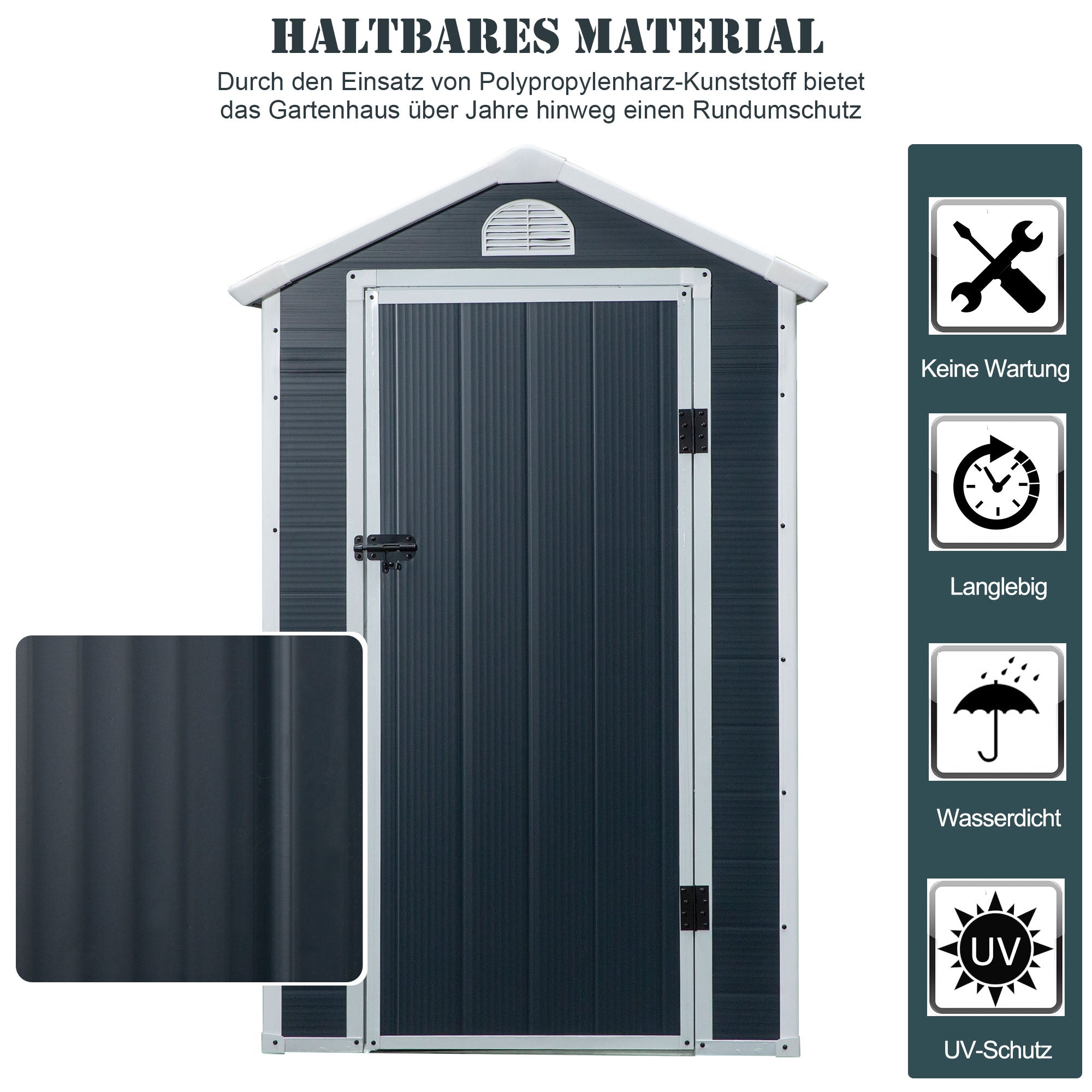 Outsunny Gerätehaus Kunststoff 1,9m² 134x104x204cm Geräteschuppen mit Satteldach Tür wetterfest Gartenhaus Outdoor Garten Schuppen Schrank für Hinterhof Außenbereich Dunkelgrau