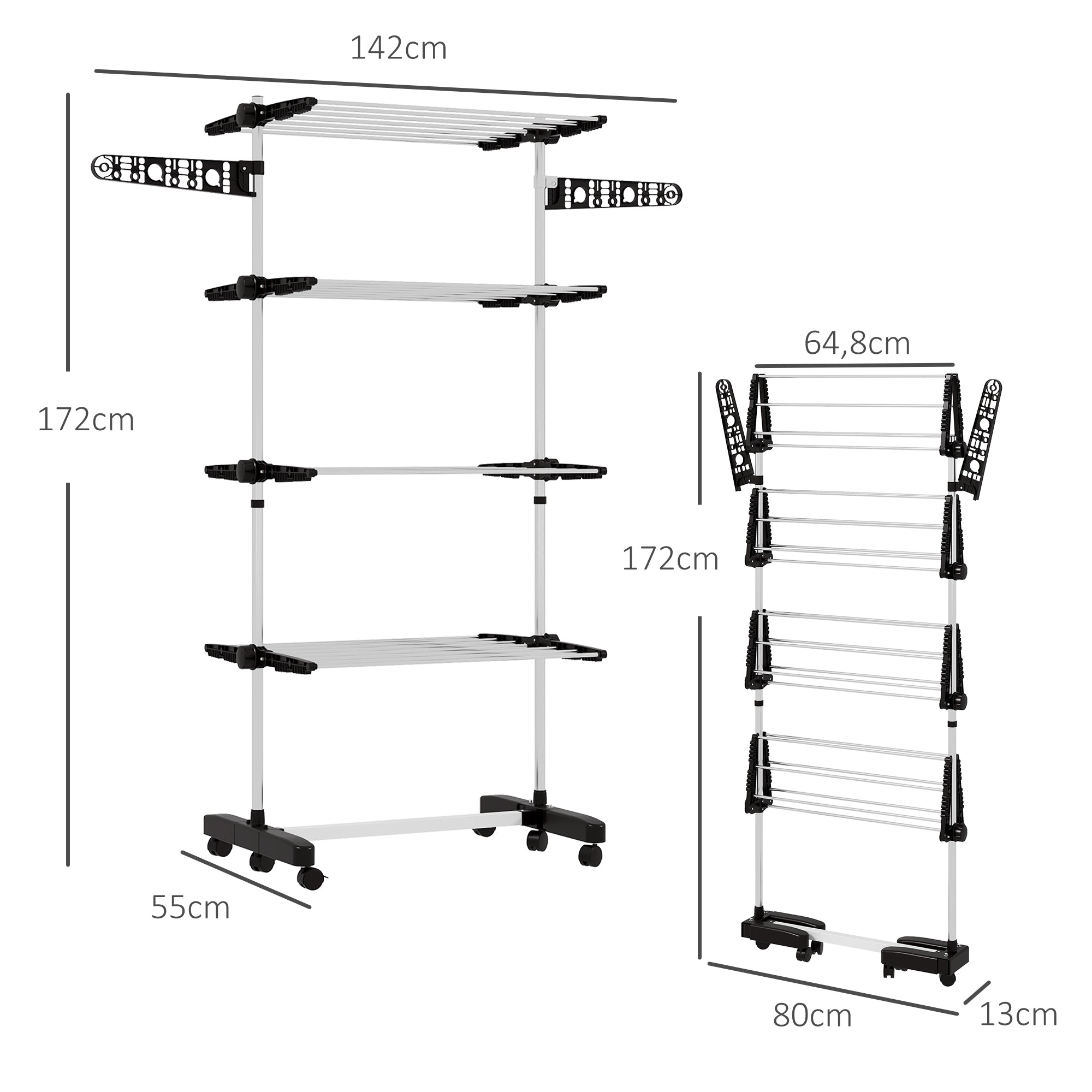 HOMCOM Wäschenständer Wäschetrockner 5 Ebenen, klappbar, One-Klick-System, 142 cm x 55 cm x1 72 cm, Schwarz + Silber