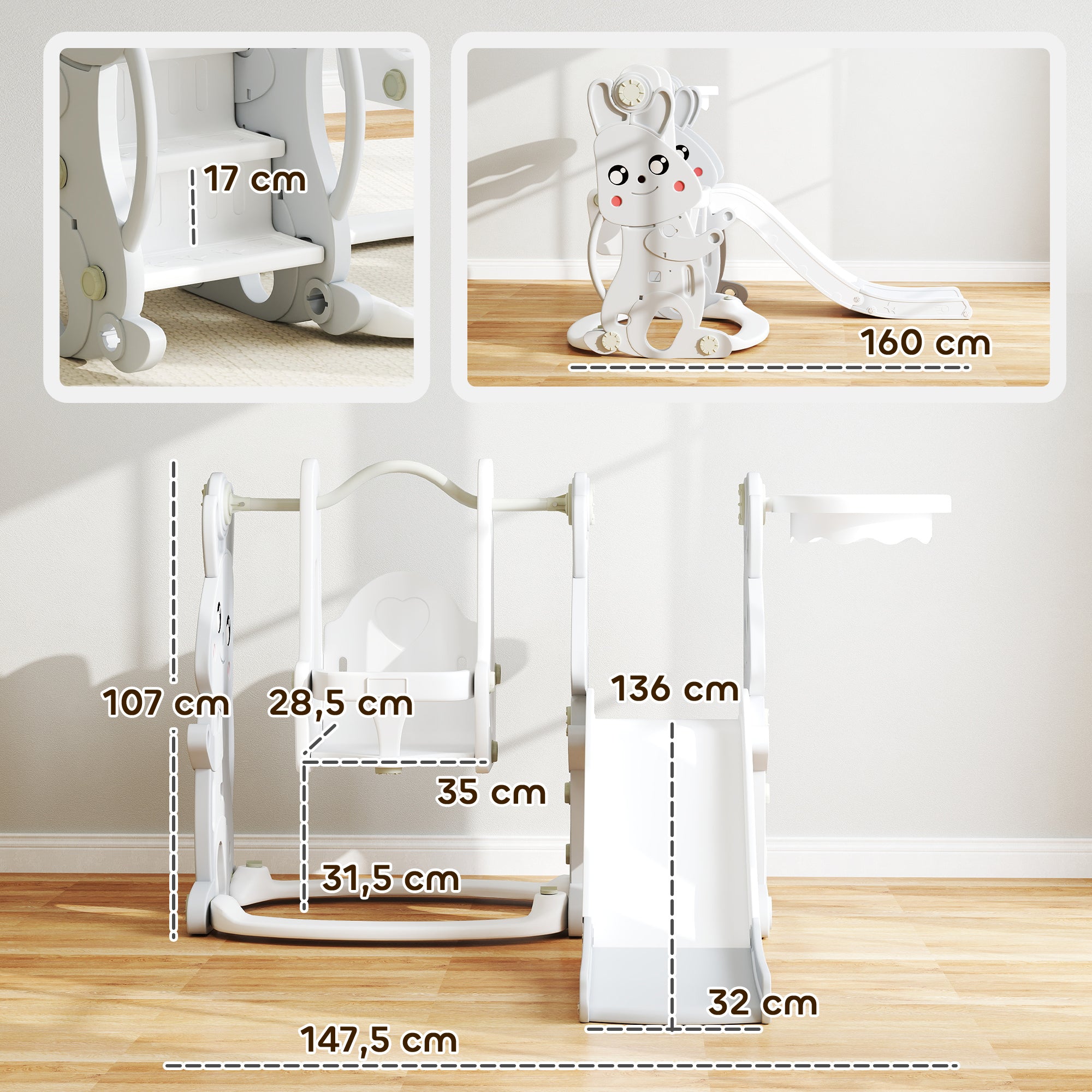 AIYAPLAY 4-in-1 Spielset für Kleinkinder, Rutsche, Schaukel, Klettergerüst, Basketballkorb, Kunststoff, Hasendesign, Grau