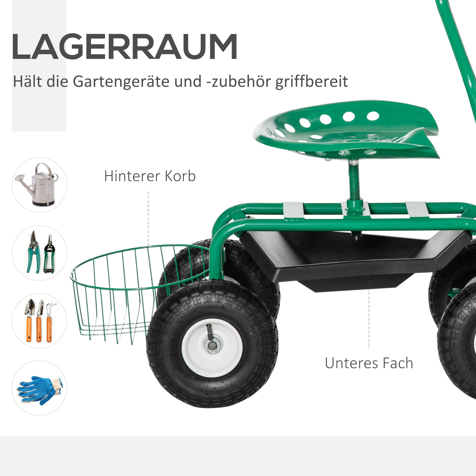Outsunny Gartenwagen mit Rollsitz bis 150 kg mit Ablage Korb für kleine Gartengeräte Werkstattwagen fahrbar Gartensitz Richtung steuerbar Sitzhöhe 46-59 cm höhenverstellbar Metall Gummi Grün