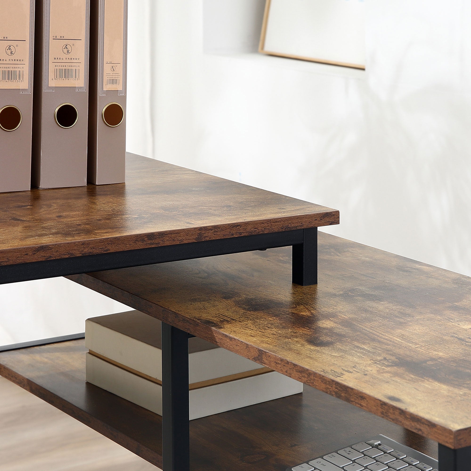 HOMCOM Eckschreibtisch Winkelschreibtisch PC-Tisch Computertisch Bürotisch Regal Schublade L-Form Spanplatte Metall Rustikales Braun 135 x 90 x 79 cm