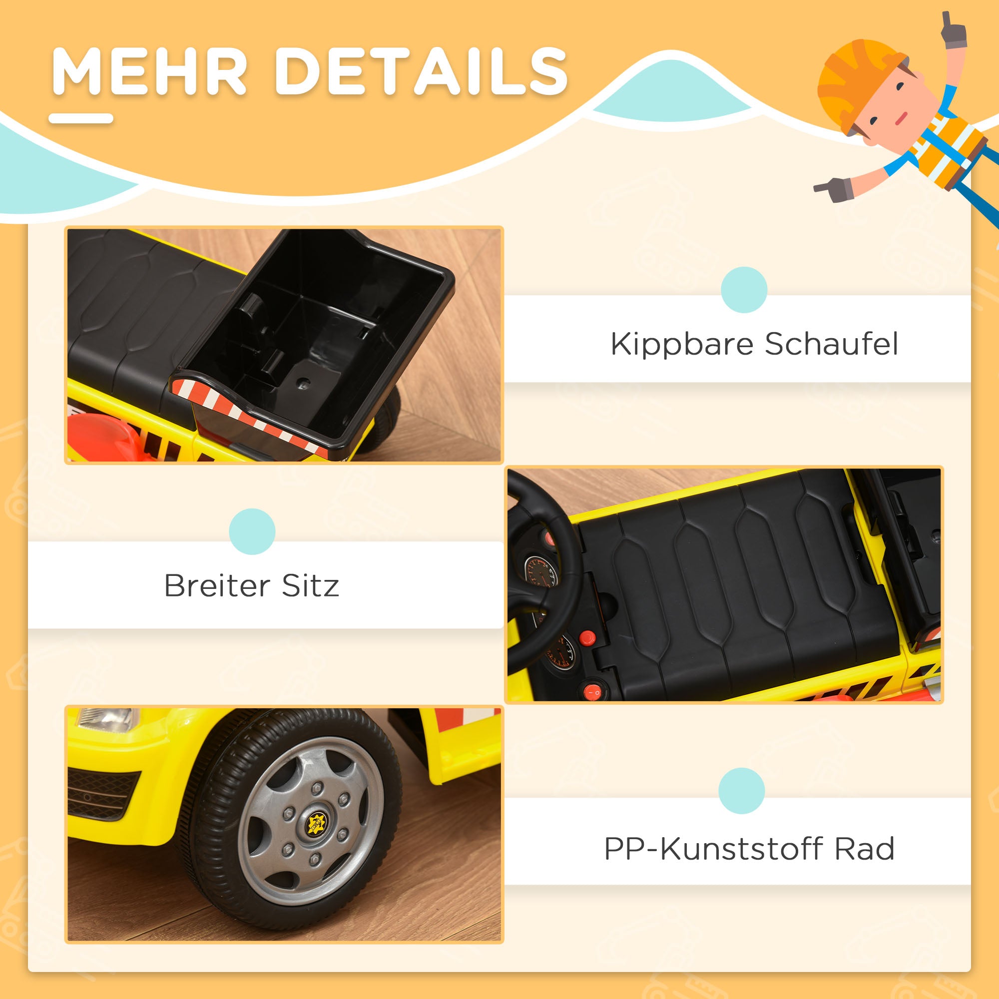 HOMCOM Sitzbagger für Kinder Rutscherfahrzeug mit Kippen Eimer und Schaufel Fuß Rutscherauto unter Sitz Lagerung für Baby 18-36 Monaten Metall PP-Kunststoff Gelb 72 x 28,2 x 42 cm