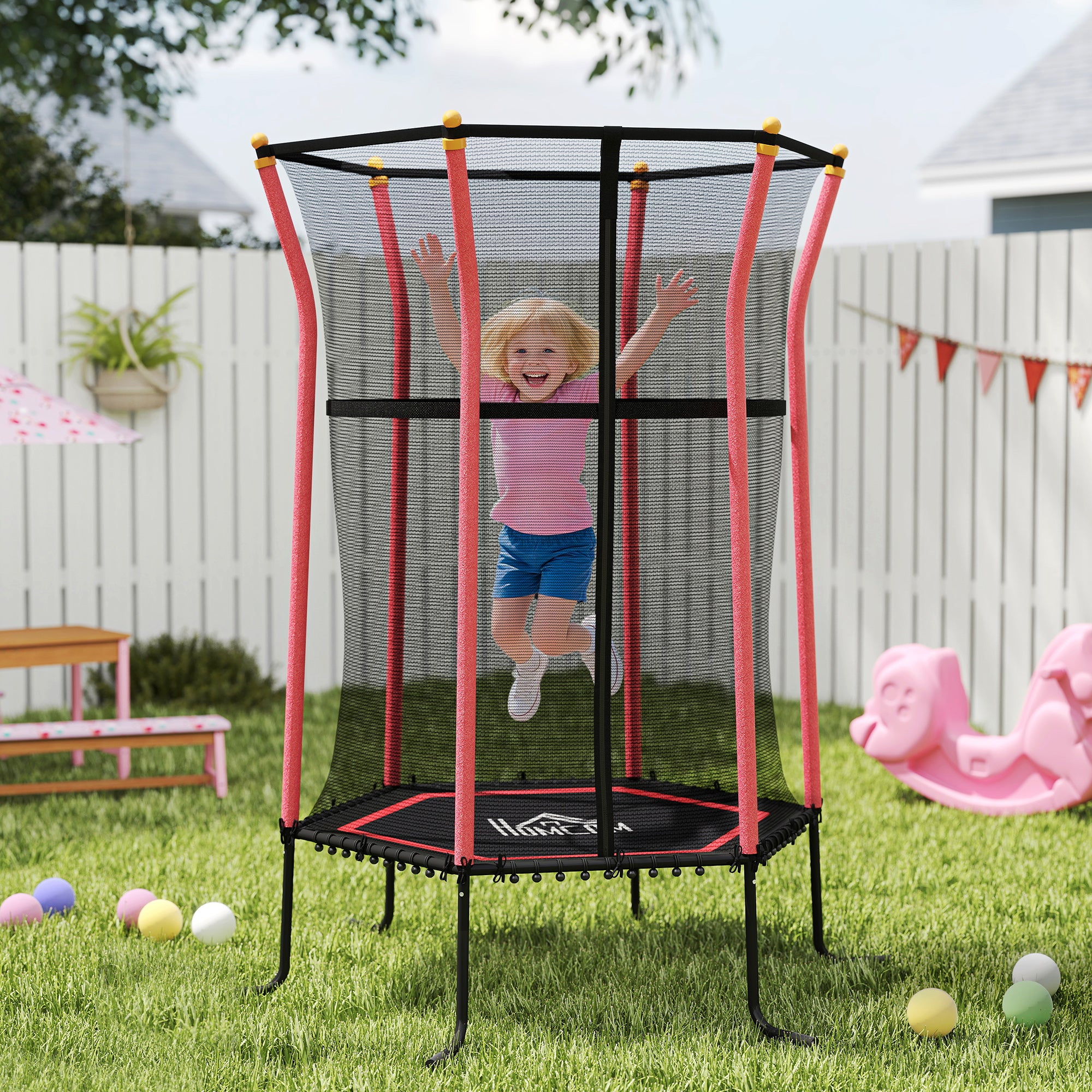 HOMCOM Trampolin für Kinder, Ø163,5 cm, mit Sicherheitsnetz, gepolstert, Stahl, belastbar bis 50 kg, Schwarz & Rot