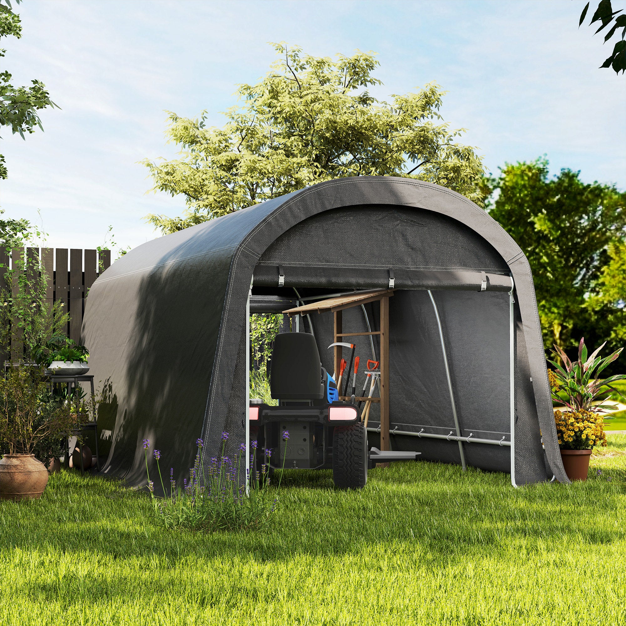 Outsunny /Gartenschuppen mit Kunststoff-Plane, Werkzeugzelt, aufstellbare Garage, 300B x 450T x 230H cm, Dunkelgrau