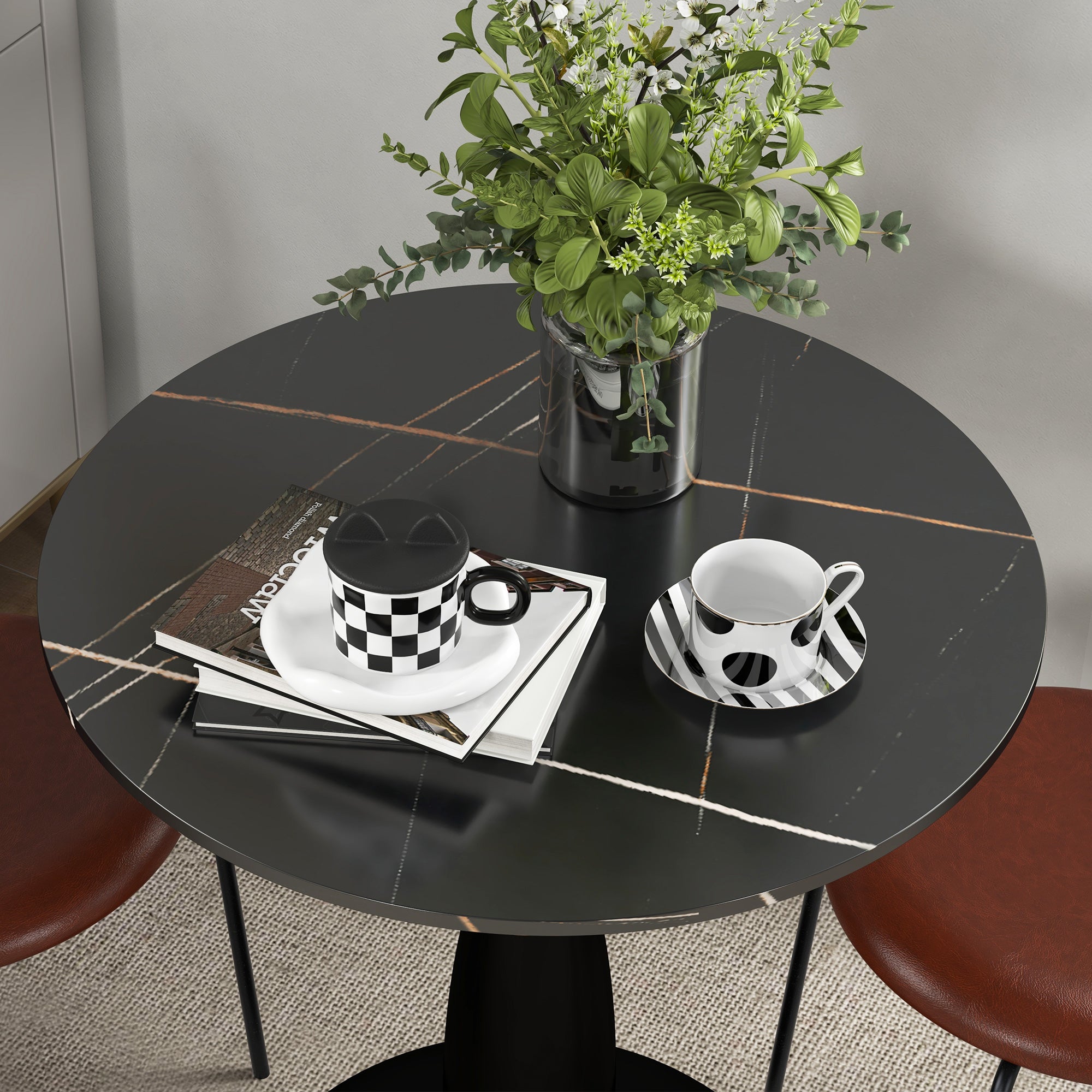 HOMCOM Runder Esstisch, pulverbeschichteter Stahl, MDF mit Melamin, rutschfeste Füße, 70 x 74 cm, Schwarz