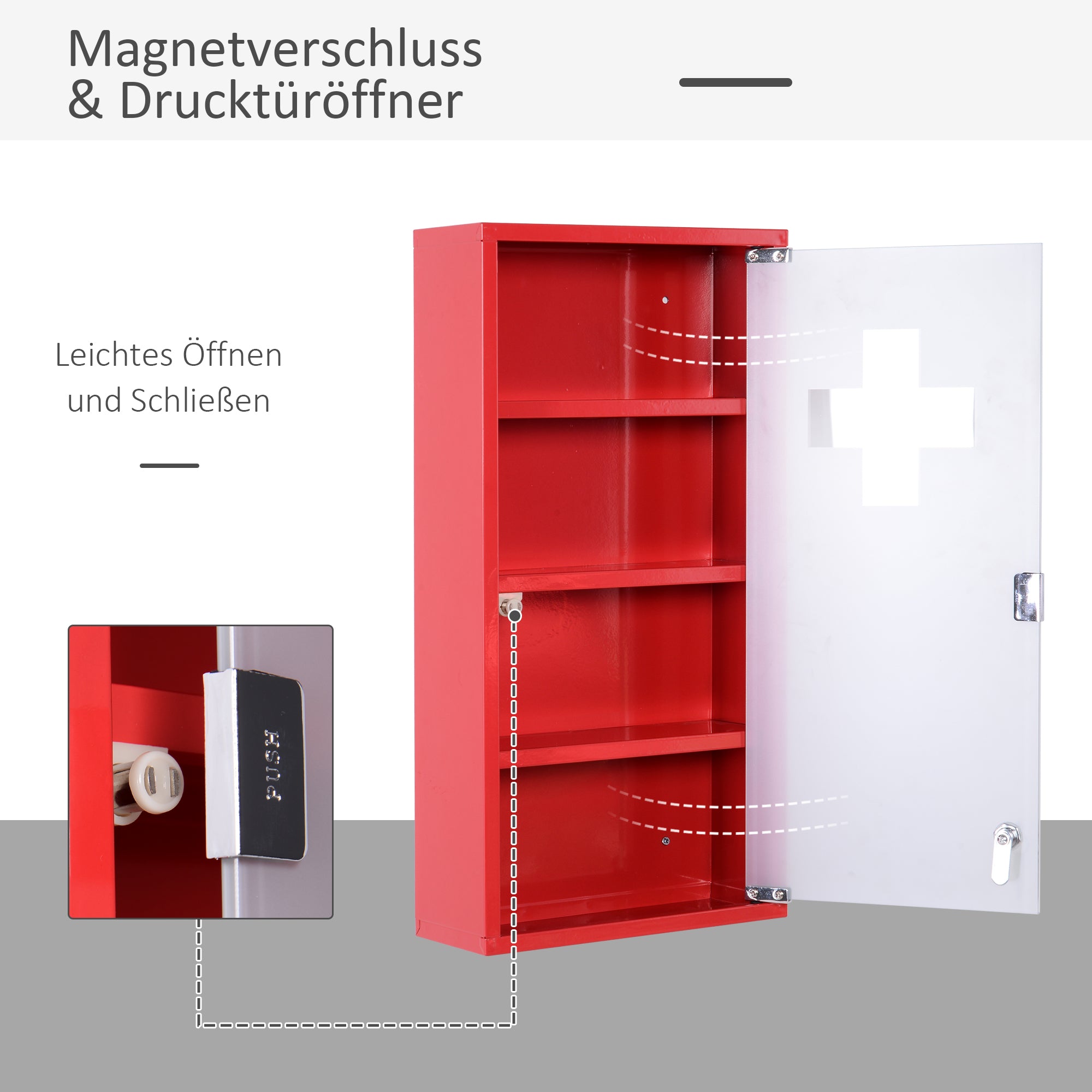 HOMCOM Medizinschrank Arzneischrank Medikamentenschrank mit 3 Ebenen Erste-Hilfe-Schrank mit Schloss Apothekerschrank mit Mattglastür Stahl Rot 27 x 57 x 12 cm