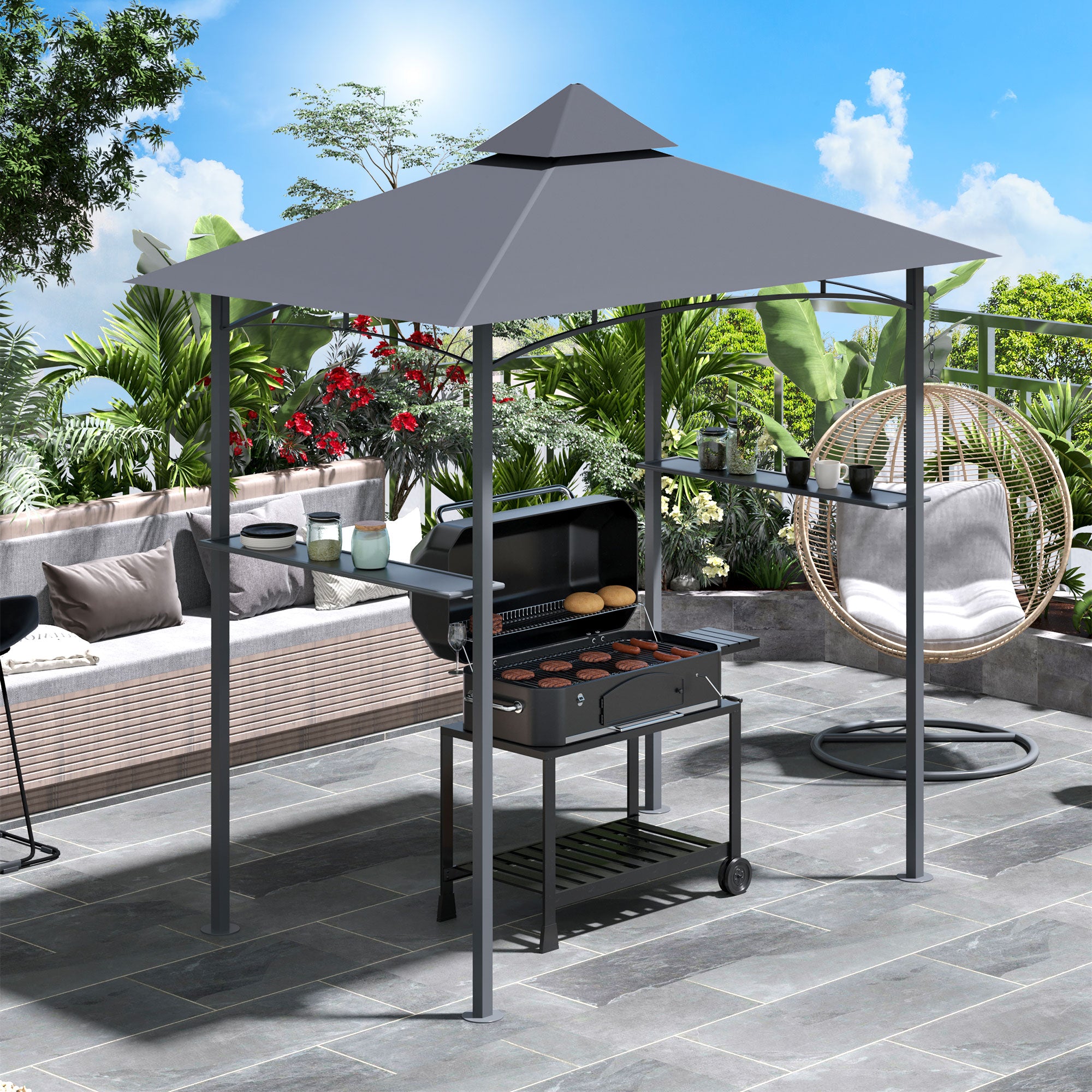 Outsunny Grillpavillon 245x148 cm mit Doppeldach Grau