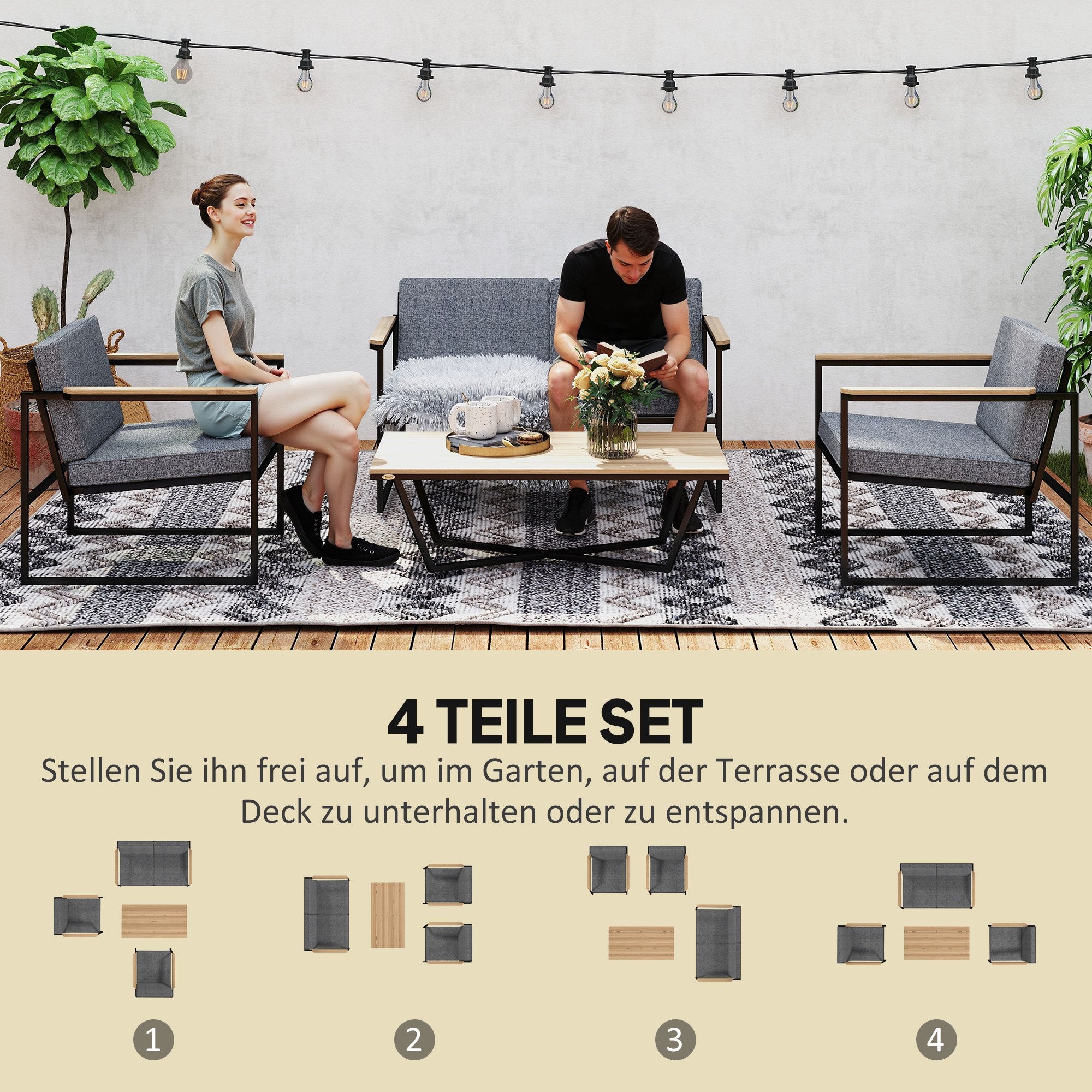Outsunny Gartenmöbel Set 4 Personen wetterfest Balkonmöbel-Set mit 2er Sofa, 2 Stühle Sitzkissen Beistelltisch Grau