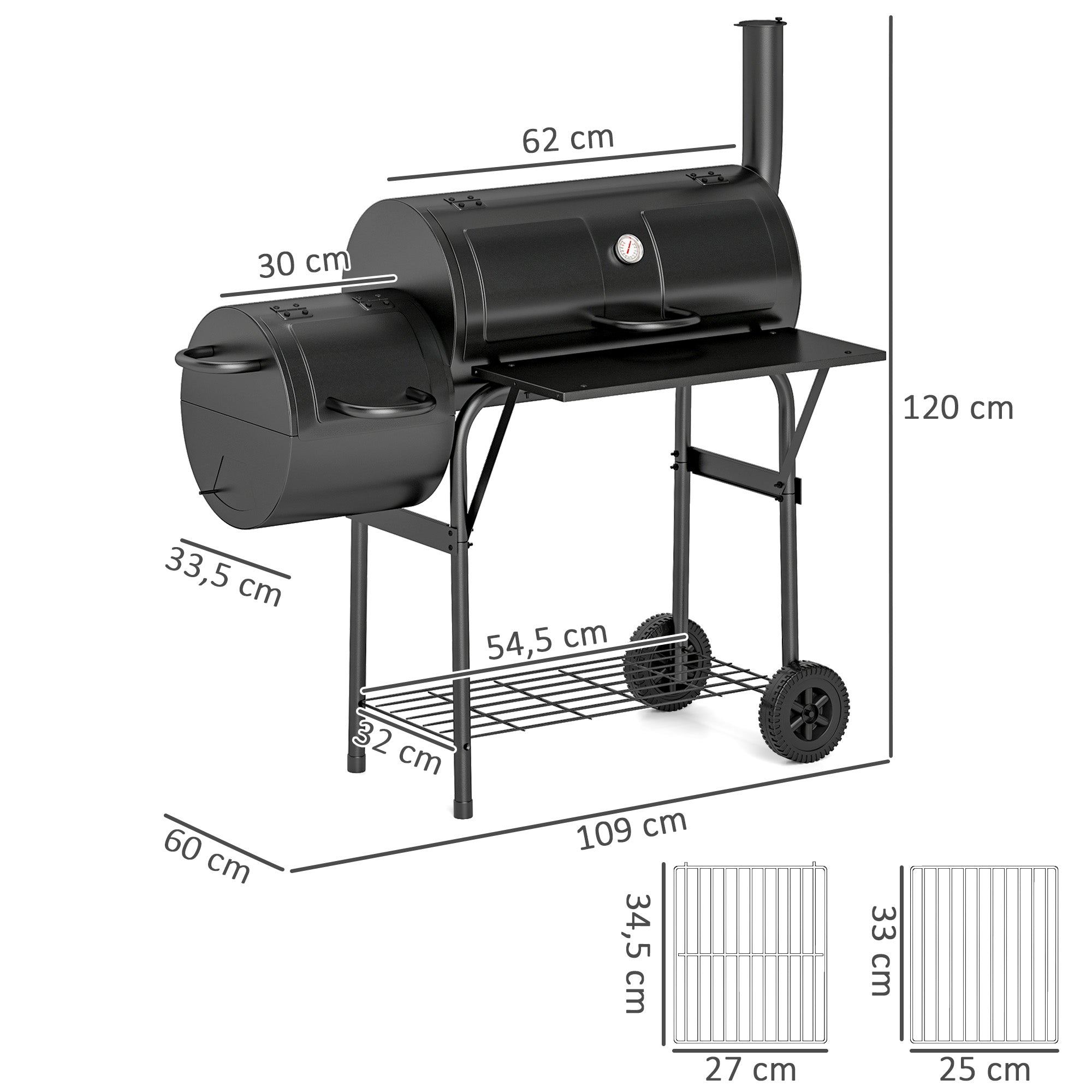 Outsunny Holzkohlegrill aus Stahl BBQ Smoker mit Deckel Thermometer Räder Luftzufuhr Kohlewanne