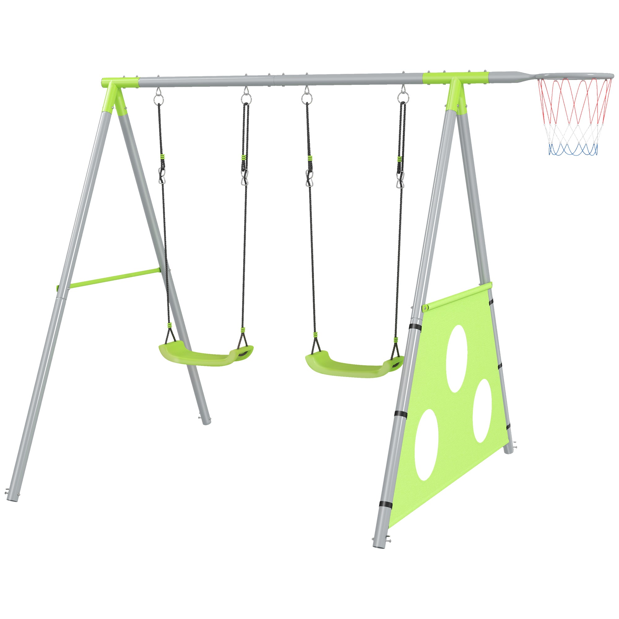 AIYAPLAY Schaukelset für Kinder, 2 Schaukelsitze, 1 Basketballkorb, 1 Fußballtor, Metallrahmen, Grün