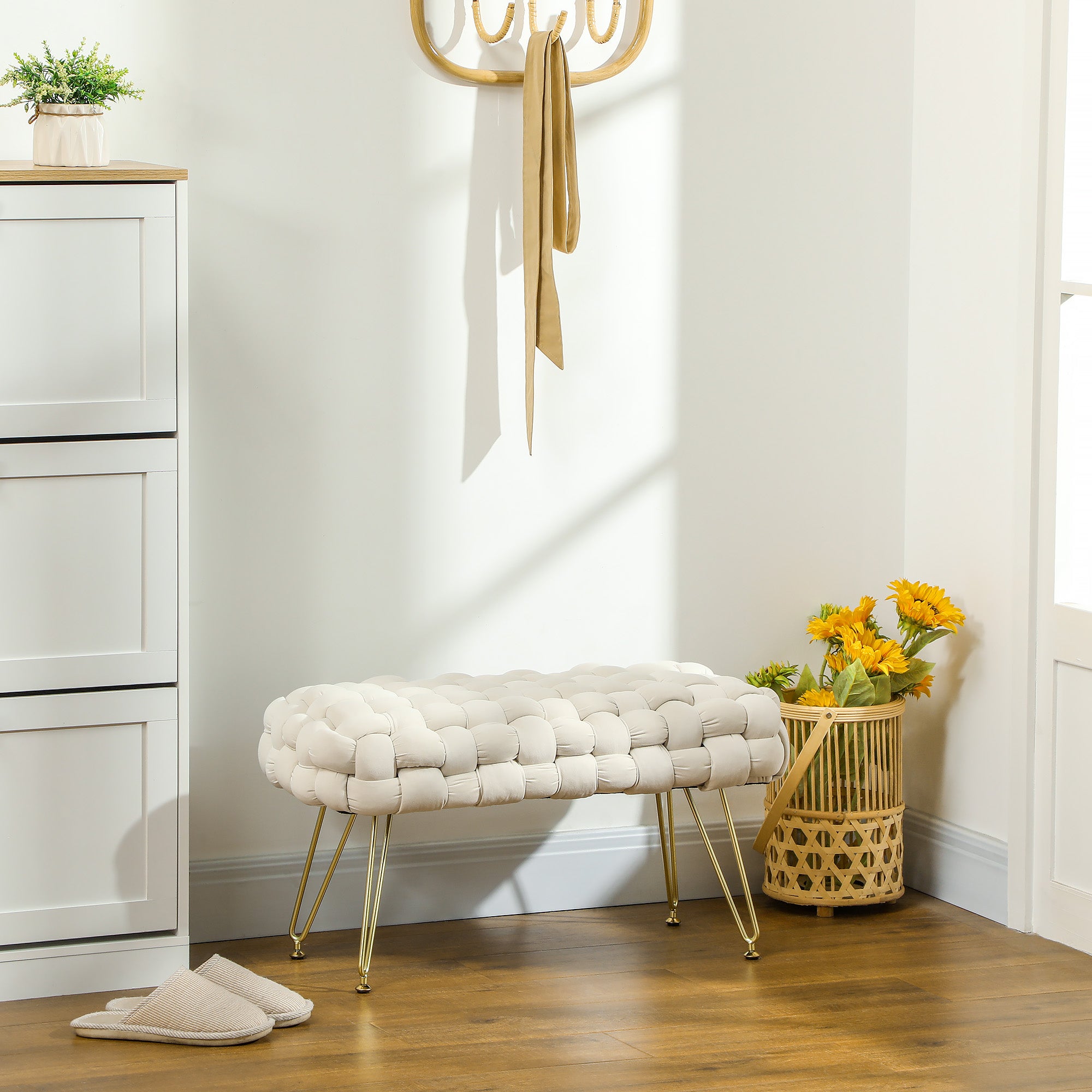 HOMCOM Moderner Sitzhocker mit Metallbeinen, gepolstertem Sitz, für Wohnzimmer, Schlafzimmer, Flur, Cremeweiß