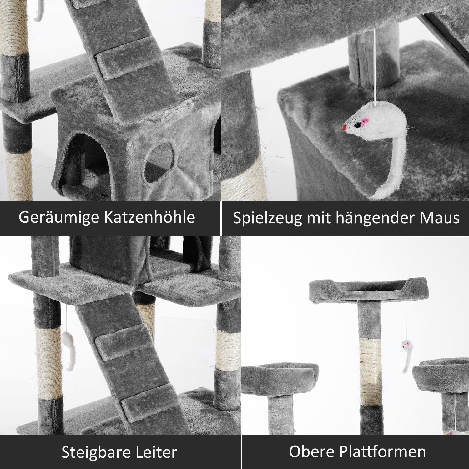 PawHut Kratzbaum mit Katzenhöhle Leiter XXL Katzenbaum Kletterbaum Kletterbaum für Katzen Mehrstufiges Multiaktivitätszentrum Plüsch Grau 49 x 49 x 173 cm
