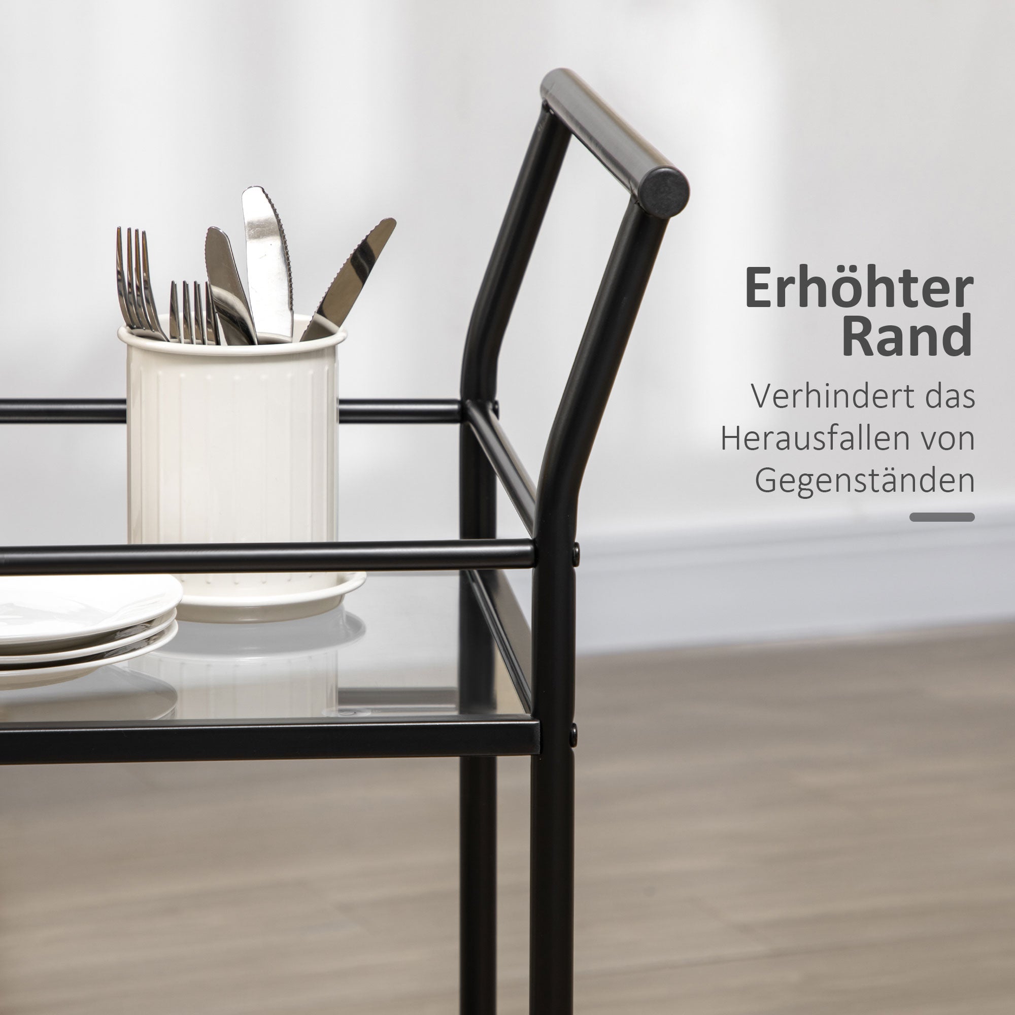 HOMCOM Küchenwagen mit 4 Rollen, 2 Ablagen und Griffen, 75 cm x 40 cm x 80 cm, Schwarz