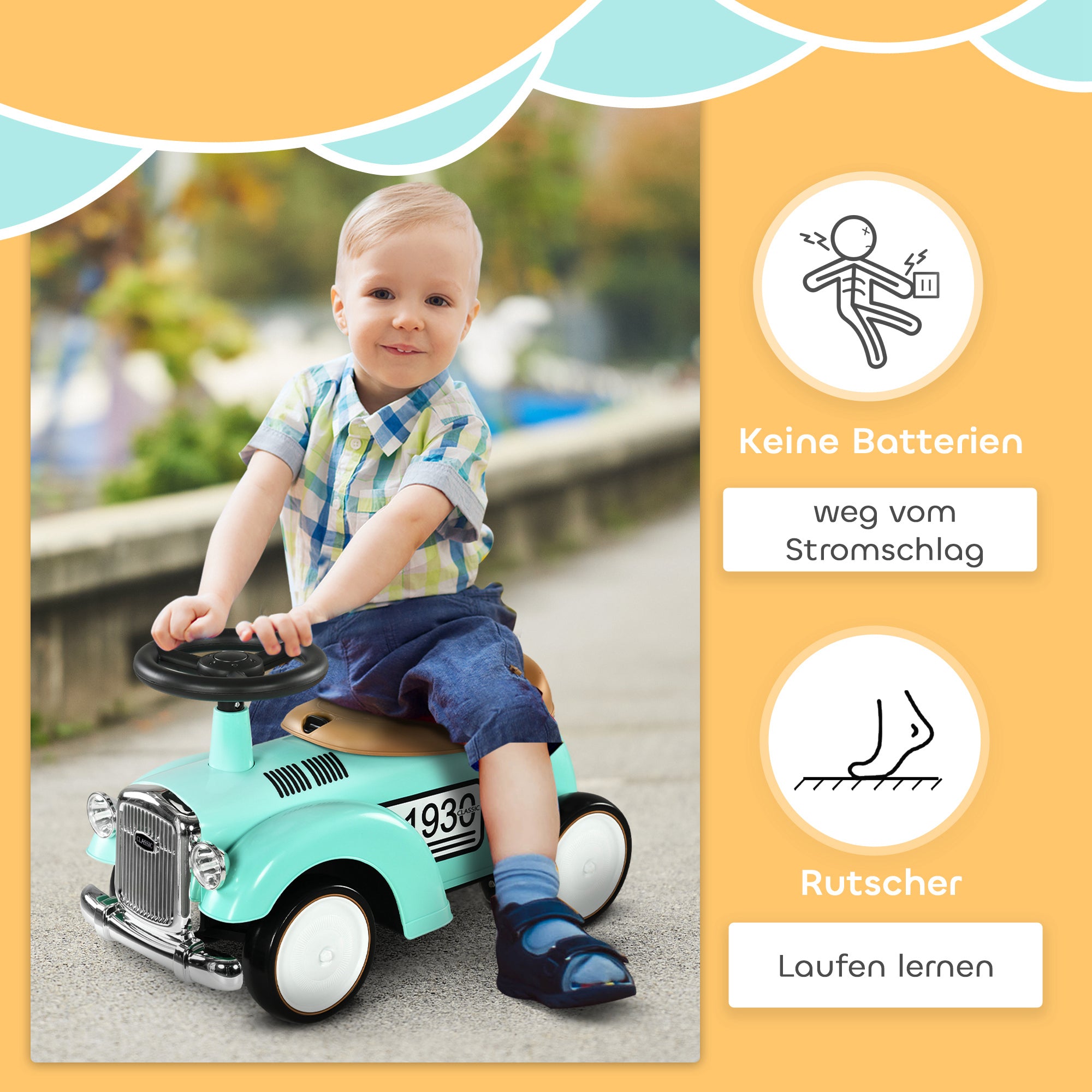 AIYAPLAY Kinder Rutschauto, Vintage-Design, versteckter Stauraum, Kippschutz, Hupe, 12-36 Monate, Grün