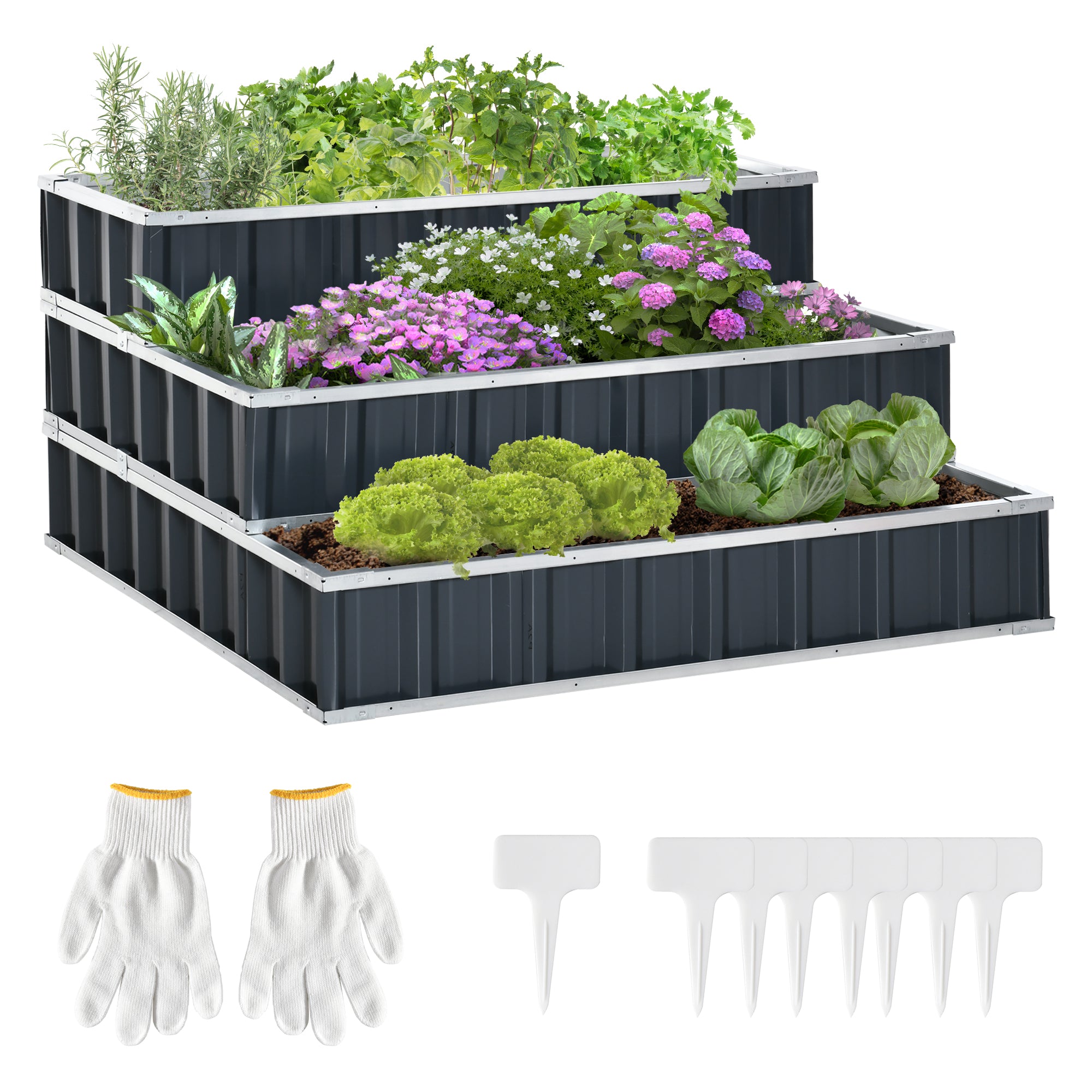 Outsunny Hochbeet aus Stahl 3-stufige Gartenbeet mit T-Form-Pflanzenschilder Handschuhe Pflanzenbeet Kräuterbeet Blumentreppe für Balkon Garten Dunkelgrau 118 x 118 x 62 cm