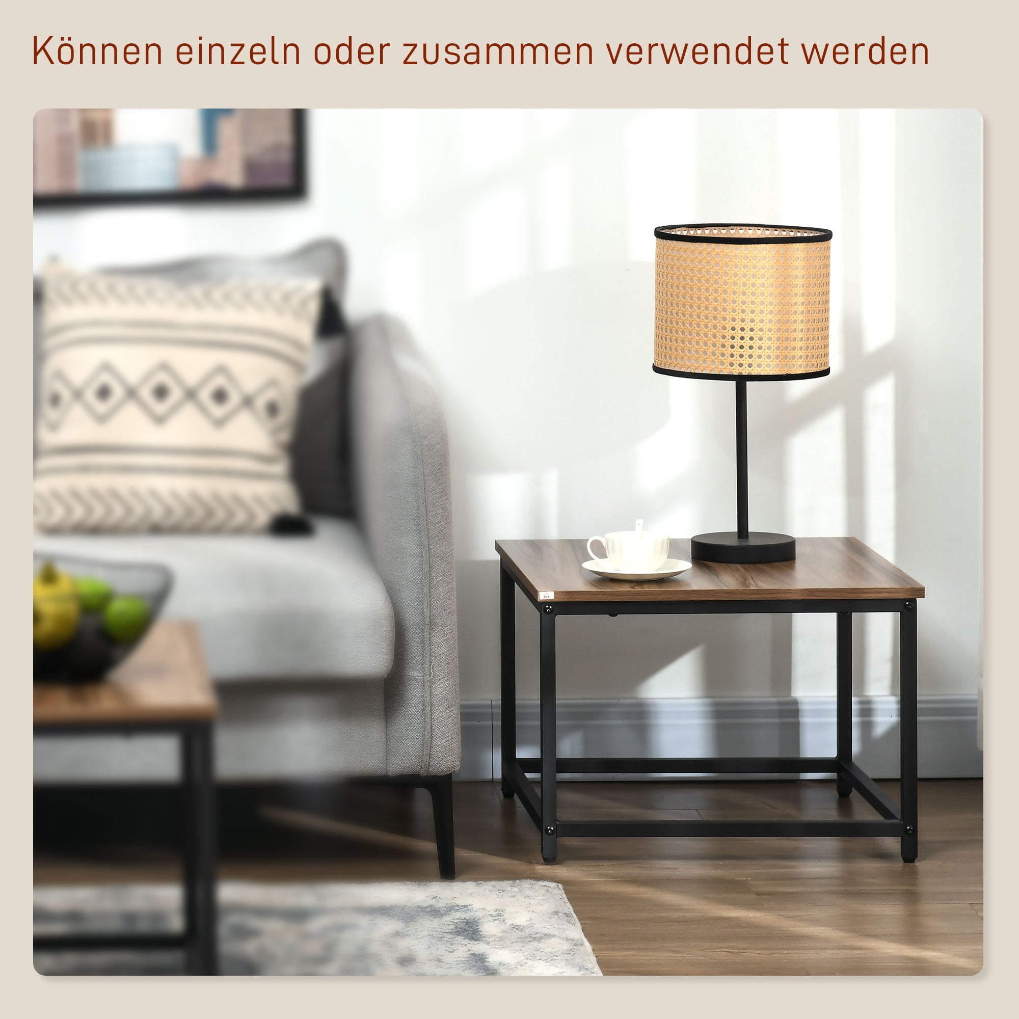 HOMCOM Satztisch-Set aus 2 Beistelltischen, Industrial Design, schwarzer Stahlrahmen, Tischplatte in Holzoptik