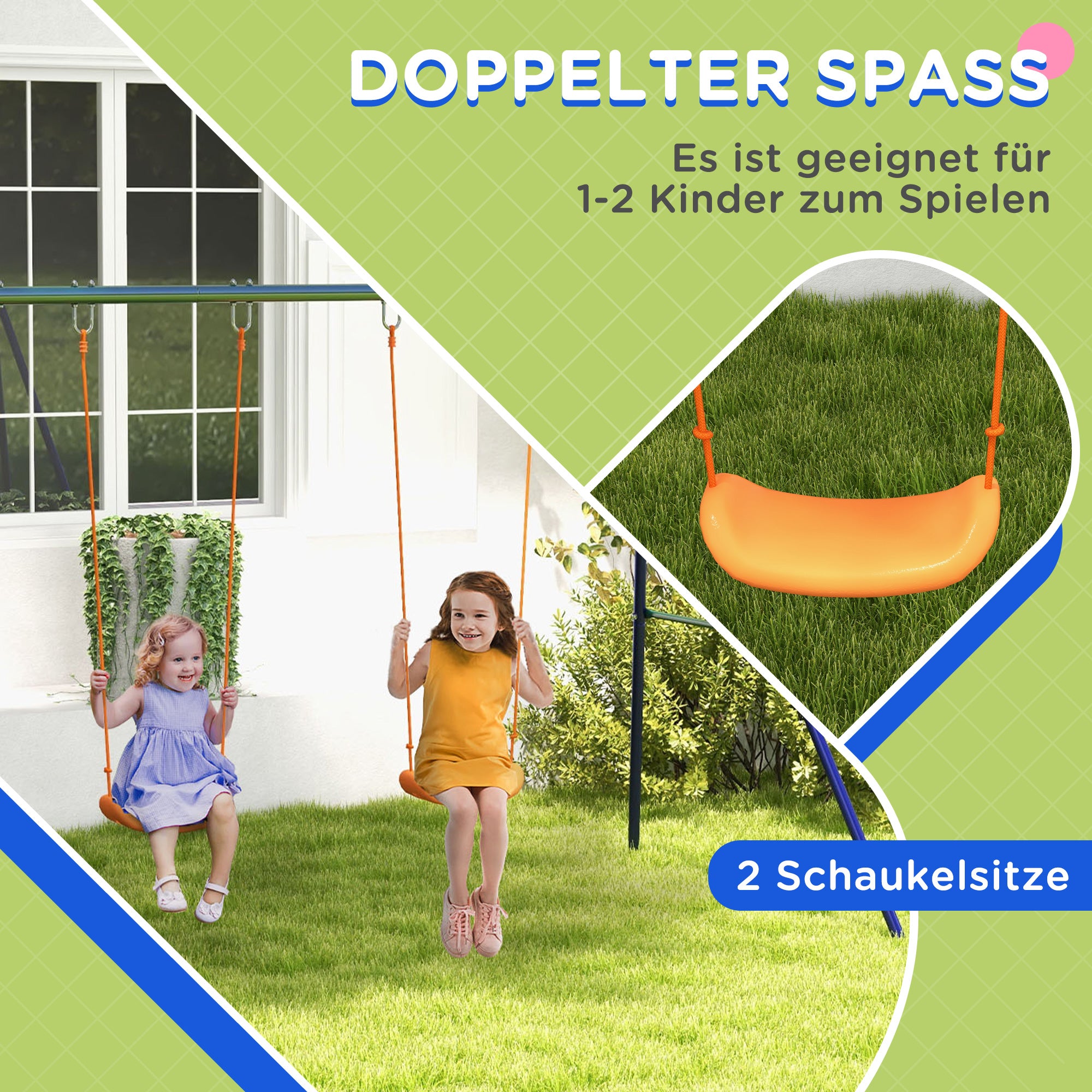 Outsunny Kinder-Schaukelgestell mit 2 Schaukelsitzen, für 3-8 Jahre, Stahl, 2,7 x 1,6 x 1,8 m