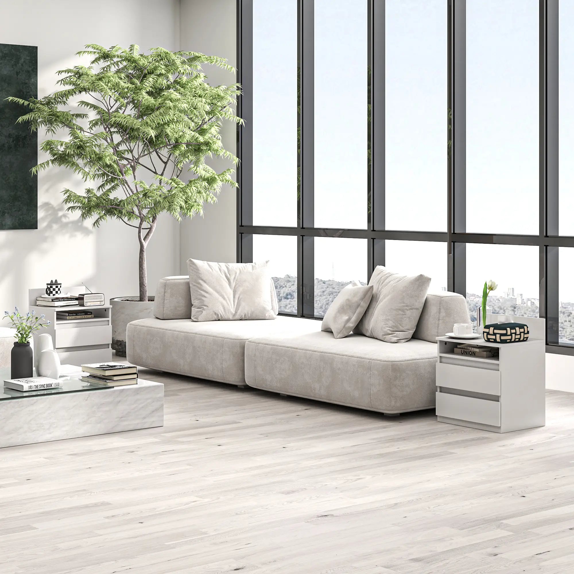 HOMCOM Nachttisch im 2er-Set mit Schubladen und Ablage, moderner Beistelltisch, für Schlafzimmer, Weiß