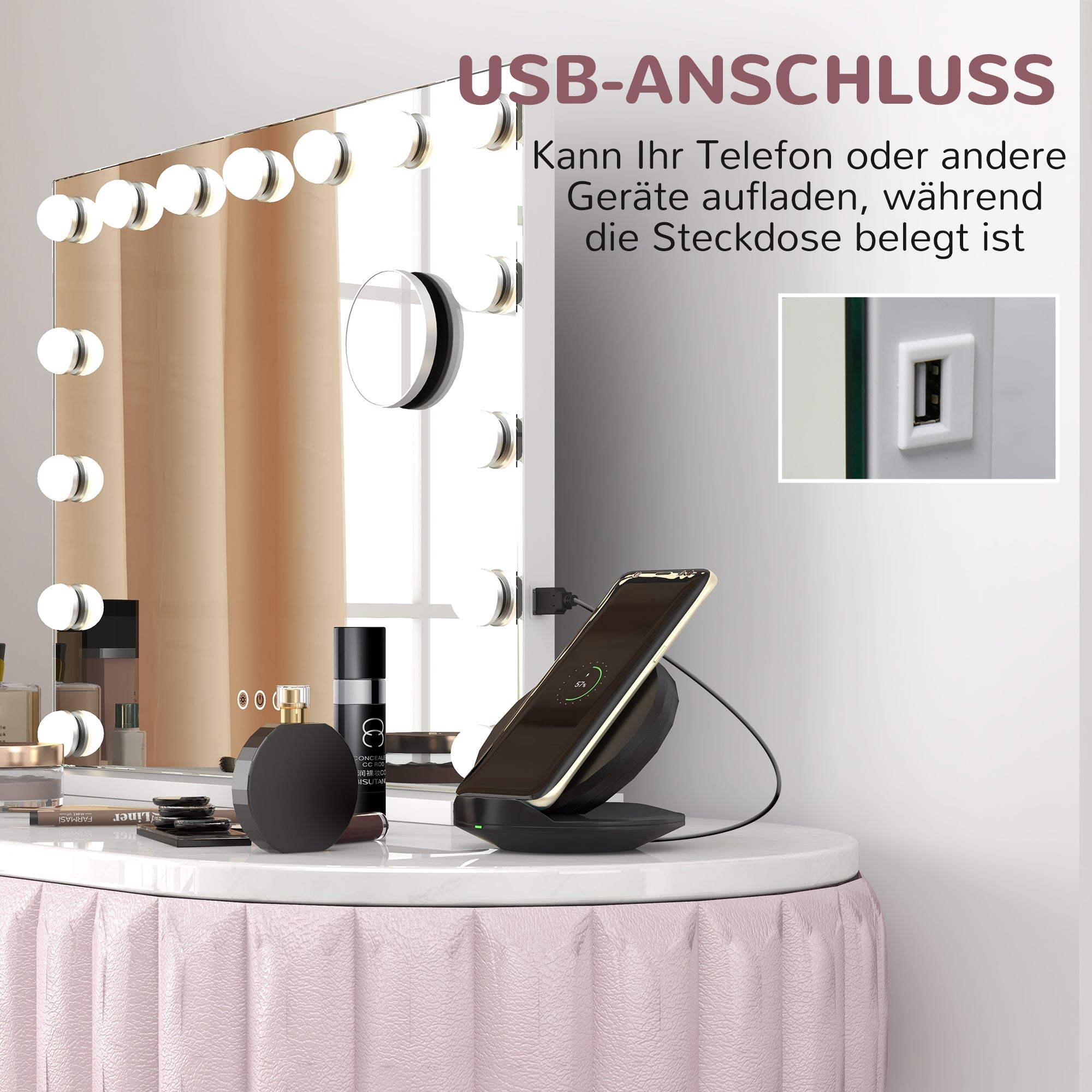 HOMCOM LED-Kosmetikspiegel, 3 Lichtmodi, dimmbar, Touch-Steuerung, USB, 58x48cm, Weiß