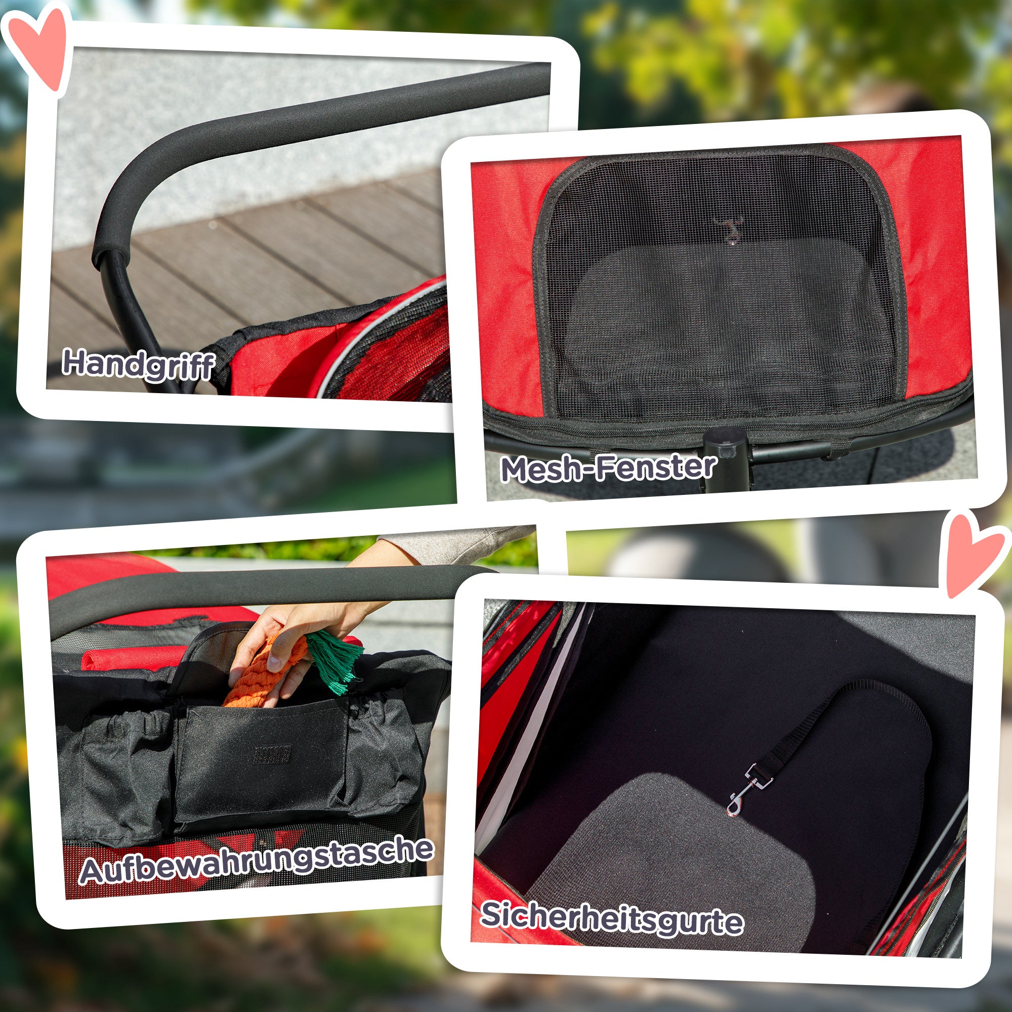 PawHut Hundebuggy, faltbar, aufklappbar, Liegekissen, Stahlrahmen, Rot/Schwarz