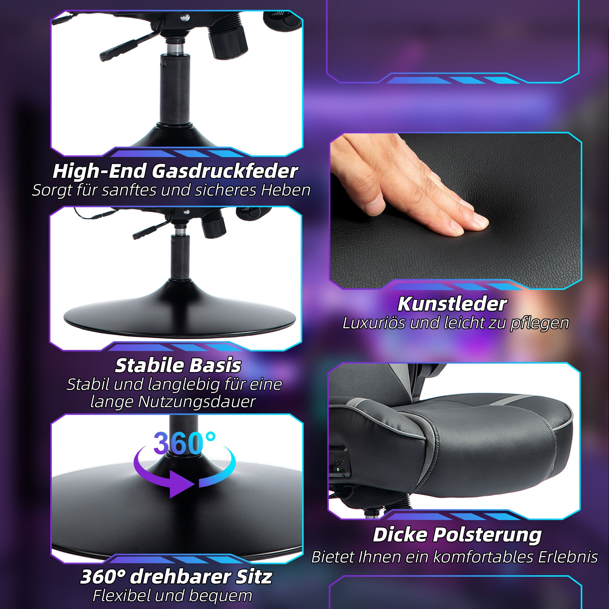 Vinsetto Gaming Stuhl mit Schaukelfunktion und Lautsprecher, Lenden- und Nackenstütze, für Spielzimmer, Kunstleder, Grau+Schwarz