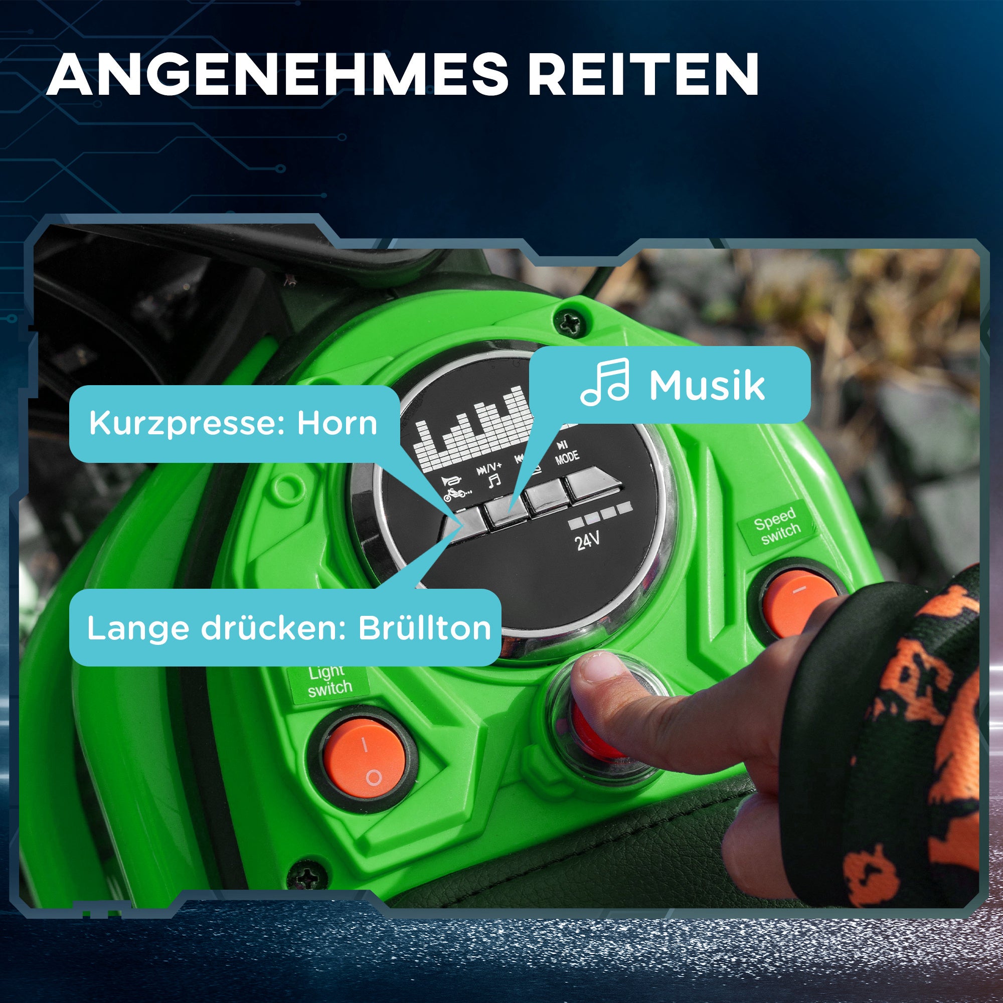 HOMCOM Elektro-Kindermotorrad, 24V Motor, einstellbare Geschwindigkeit, Musik & Lichter, Grün