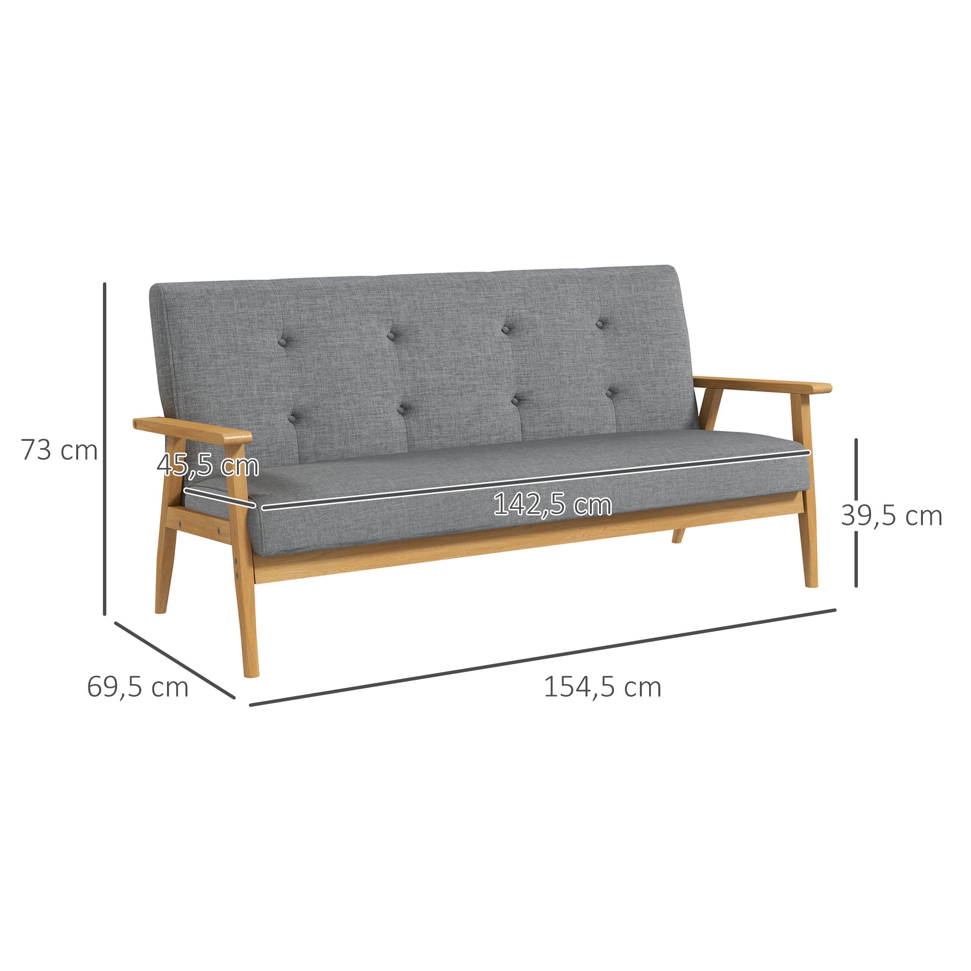 HOMCOM Dreisitzer-Polstersofa, Kautschukholz, 154,5 x 69,5 x 73 cm, Grau