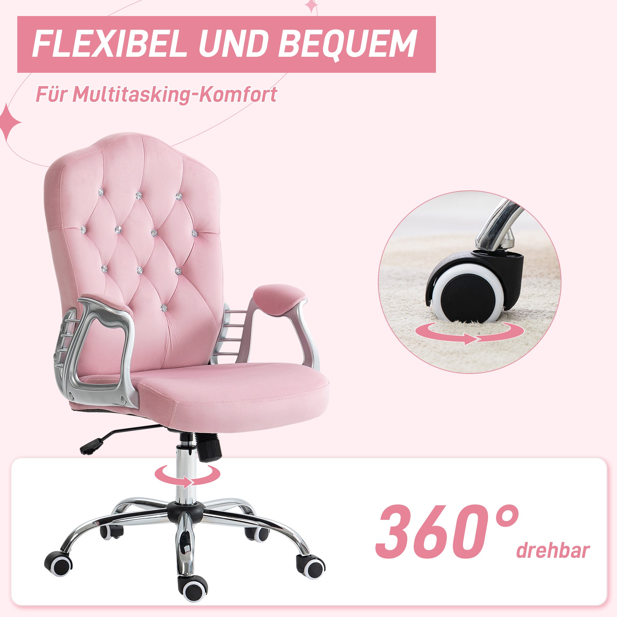 Vinsetto Bürostuhl, neigbare Lehne, höhenverstellbar, Samtoptik, bis 120 kg, Rosa
