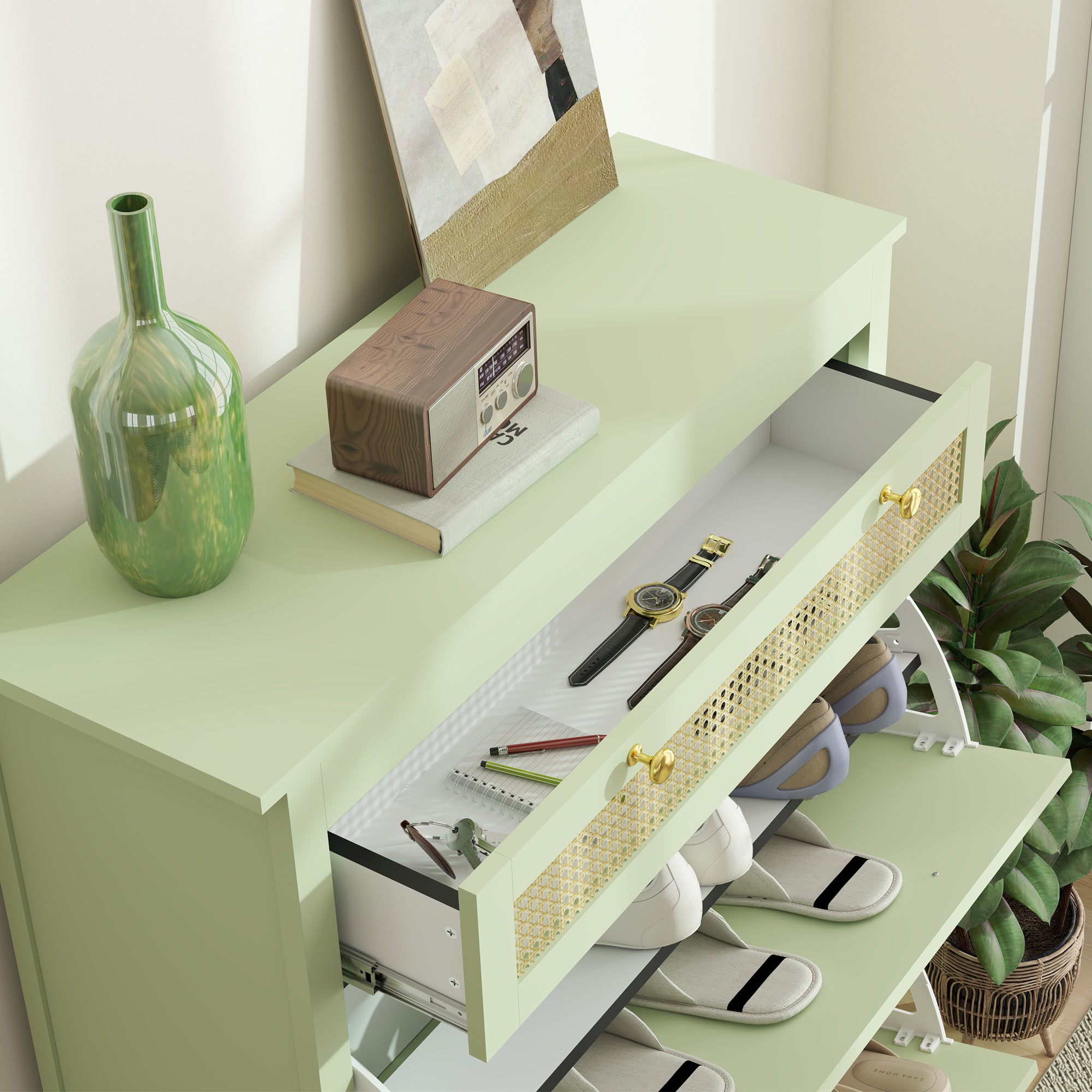 HOMCOM Schuhschrank für 12 Paar Schuhe, mit 1 ausziehbaren Schublade, 2 Flip-Schubladen, Schuhkommode, 88 x 30 x 120 cm, Grün